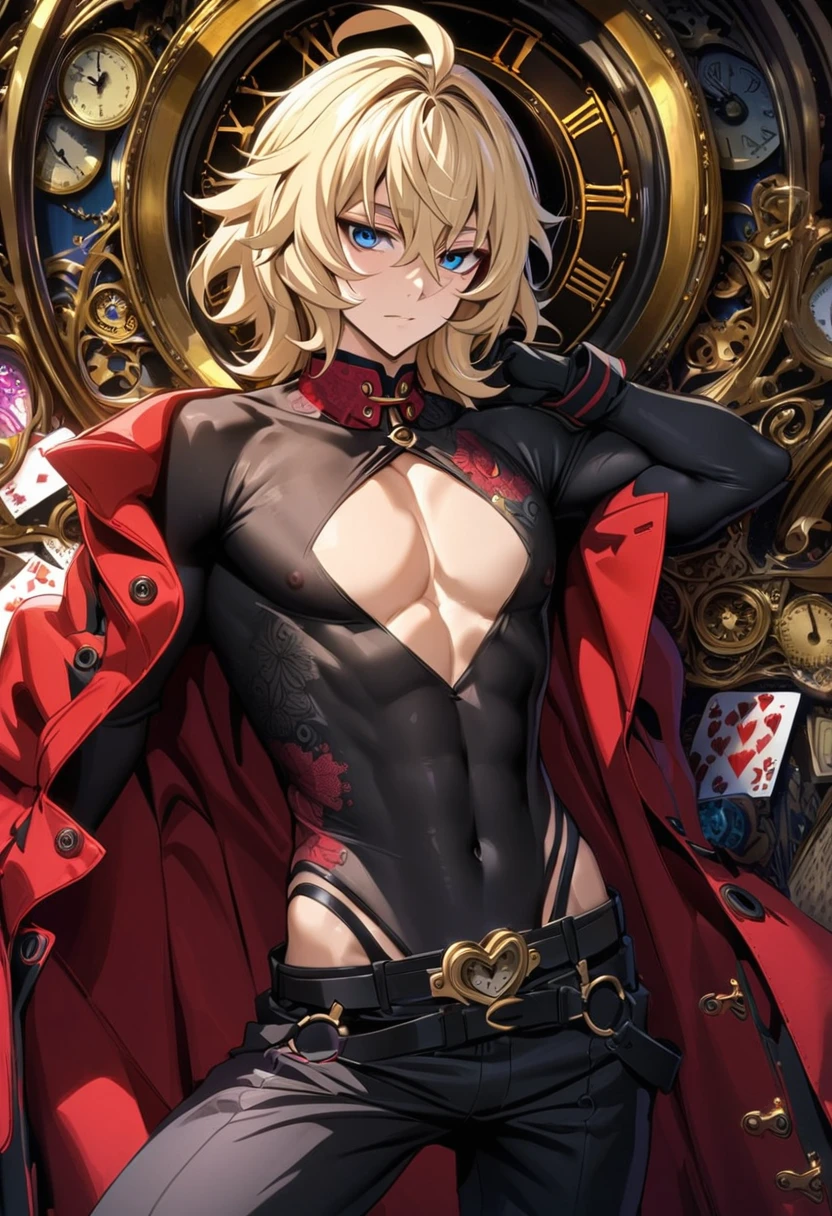 Ultra detailed, highres, absurdres, HDR, Mikaela Hyakuya, wavy blond hair, blue eyes, Owari No Seraph, red long coat, black tight shirt with patterns, clock, gear, in wonderland, heart cards, sexy man, solo, handsome, very detailed face and eyes, toned chest, black pants, black gloves,