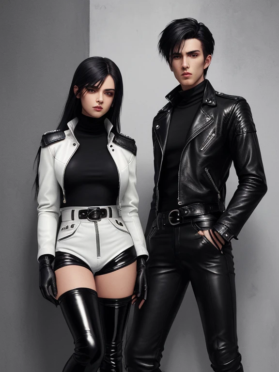 Final Fantasy-style graphics, young, Cute and cool Japanese boys and girls, Both have thin eyebrows and large eyes, Both are wearing shiny white single-breasted leather jackets.。..。Biker style leather jacket、 with epaulettes, The jacket is zipped up, The jacket pockets are black., The jacket has a high stand-up collar with a belt,They are both wearing black turtlenecks.., The man is wearing black leather pants、The girl is wearing black leather shorts and black pantyhose., Both of them are wearing thin black leather gloves.., The man was wearing long black leather lace-up boots.,、The girl is wearing black leather knee-high boots.、 Please show me your whole body, From head to toe., Final Fantasy Style、((Handsome))、((Beauty))、((Man and woman couple))、((Clear eyes and nose))、((Shiny white single leather jacket))、((Both jackets must be white.))((The jacket has epaulettes))、((The jacket has a high stand-up collar and a belt.))、((The jacket has a black pocket))、((Black turtleneck shirt))、((Man in shiny black leather pants))、((She's wearing shiny black leather shorts))、((Shiny black leather gloves on both handen's black lace-up leather long boots))、((The woman is wearing knee-high leather boots))、((Woman wearing black pantyhose))、((View the whole body image from a distance))、Realistic image quality and texture、In a small cell、close your eyes、Has a gentle smile、((The jacket is closed with a zipper))、((Neither of them have exposed skin below the neck.))、((The two stand side by side))、