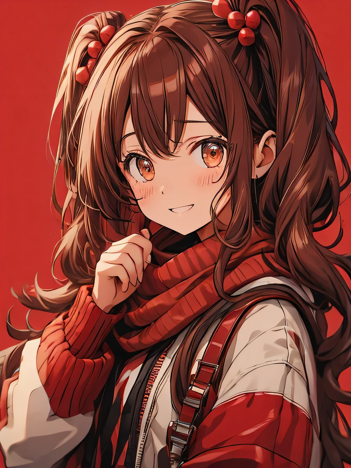 Brown eyes、Long Hair、Twin tails、scarf、Red background、Duffle coat、chocolate、girl、colorful hair ornaments、Valentine、Wavy Hair、Embarrassed face、Red cheeks、Laughter、smile、smile、I have chocolate