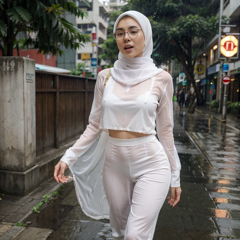 Young beautiful sweet sundanese Bogor city girl, 25 years old, slim body, georgeus face, no underwear, wearing  wet white thin hijab, all her  hairs covered under her hijab,  wearing wet white thin see through very transparent buttoned dress, wearing wet white thin strict see through very  transparent trousers, standing very limp as being having sex  in the hard  rain on the Bogor city street side walk,  rain drop visible, water flowing down through all the thing, dense hairy vagina exposed visible through her trousers, enjoying being having sex orgasm face, open wide mouth, half closed eyes, one of her  hand grabing her chest, realistic normal fingers, wearing wet glasses, wearing expencive high heels,  carrying a expencive hand bag,