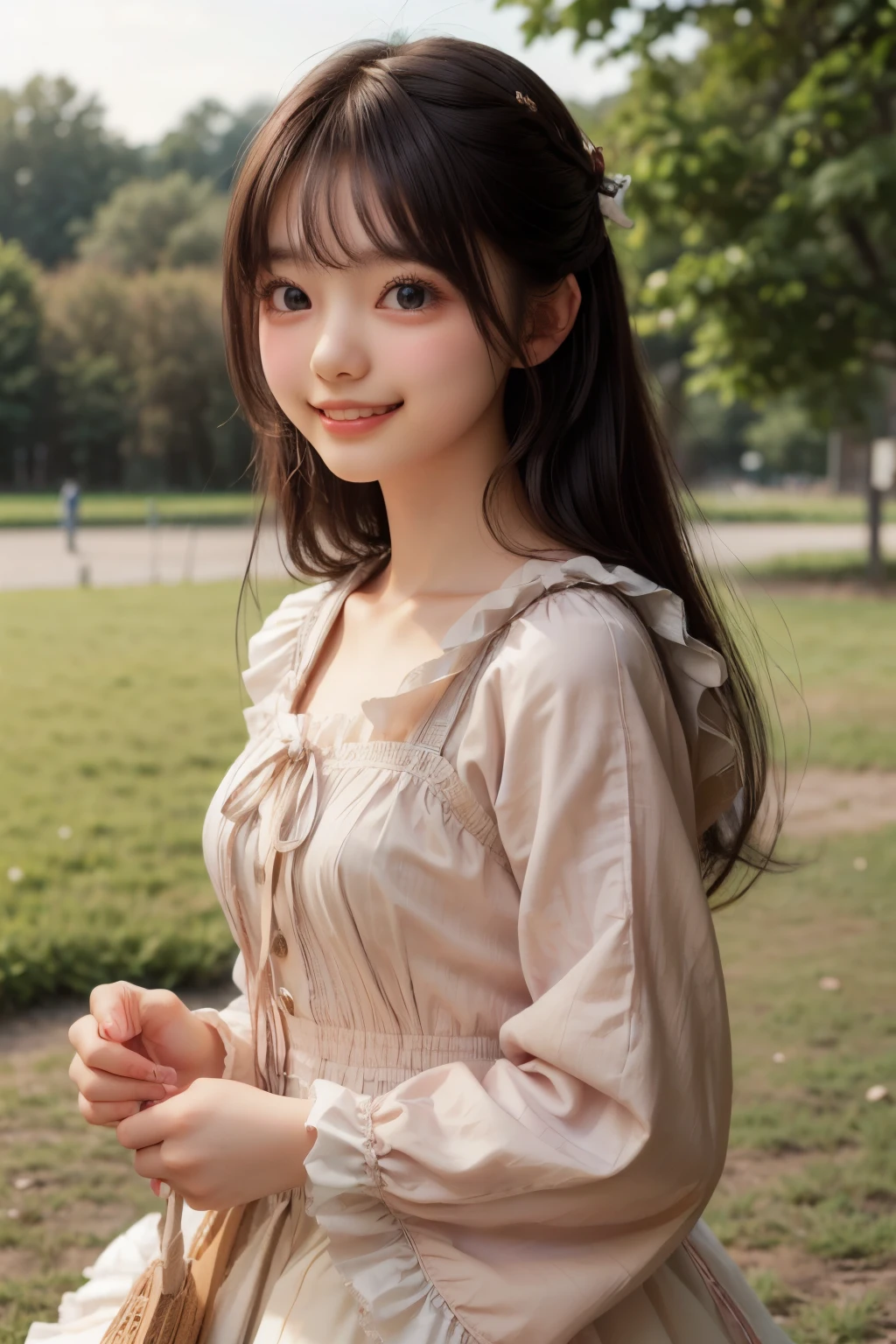 ((sfw: 1.4)), ((sfw, Lolita fashion, nice smile, Landscape, 1 Girl)), Ultra High Resolution, (Realistic: 1.4), RAW Photo, Best Quality, (Photorealistic Stick), Focus, Soft Light, ((15 years old)), ((Japanese)), (( (young face))), (surface), (depth of field), masterpiece, (realistic), woman, bangs, ((1 girl))