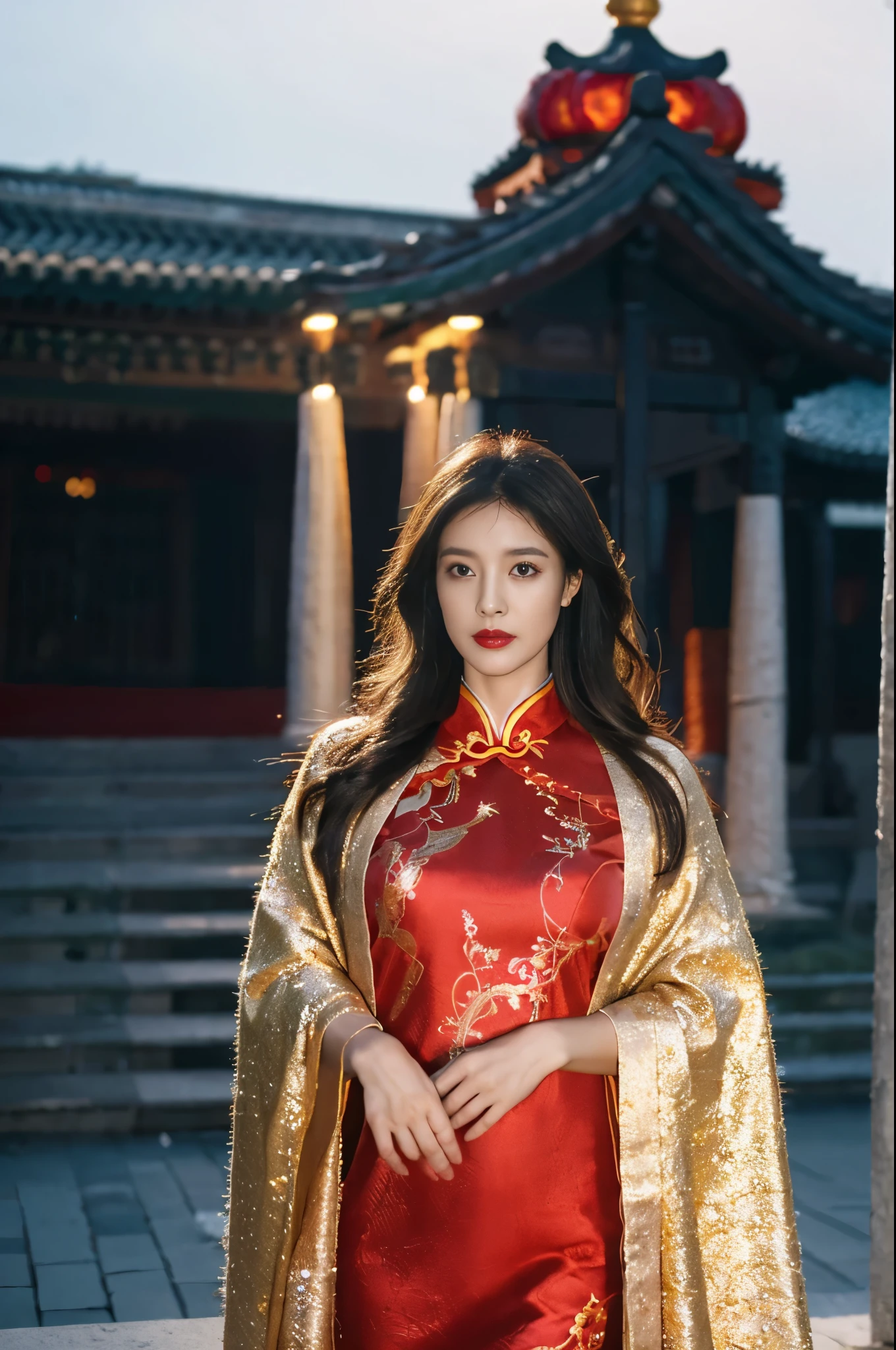 1 female，45 years old，Center， She has long black hair，Red lips，Perfect thighs，looking at camera，stand up，night，Ancient temple，From the front， curls， Gloomy sky，（（（masterpiece），（Highly detailed CG Unity 8k wallpaper），best quality，Movie Lighting，Detailed background，Beautiful right eye pupil，（Very delicate and beautiful），（Beautiful and detailed description of the eyes），Extremely detailed，masterpiece，）），high resolution，Extremely detailed），queen of china（apparel：，Gold wire embroidery，Red cheongsam，Lace，Red cape），
