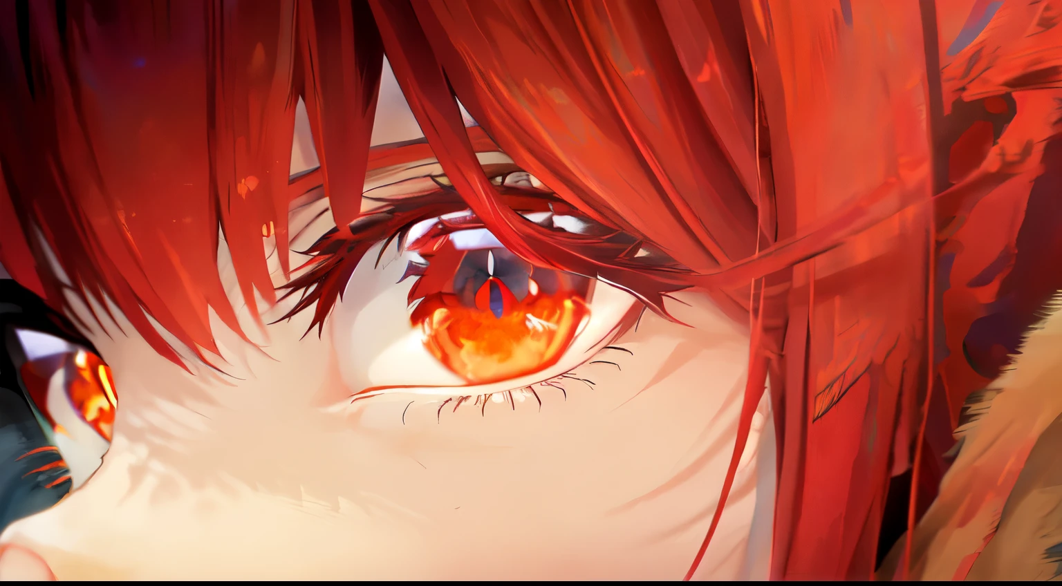 anime girl with red hair and blue eyes staring at something, erza scarlet as a real person, red left eye, rias gremory, fiery eyes, huge anime eyes, fiery scorching red eyes, detailed anime eyes with pupils, detailed digital anime art, luminous red eyes, red eyes glowing, big anime eyes, one eye red, red eye