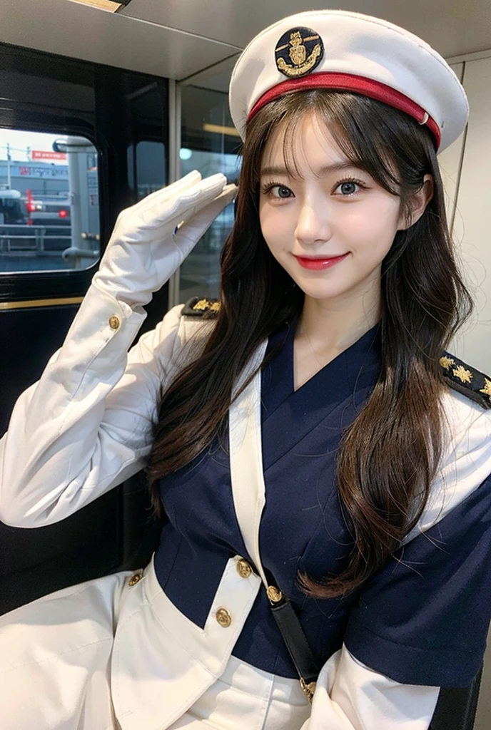 1woman, long hair red, smile, train pilot uniform dress, Japanese train pilot uniform, pilot hat in head, white gloves,
