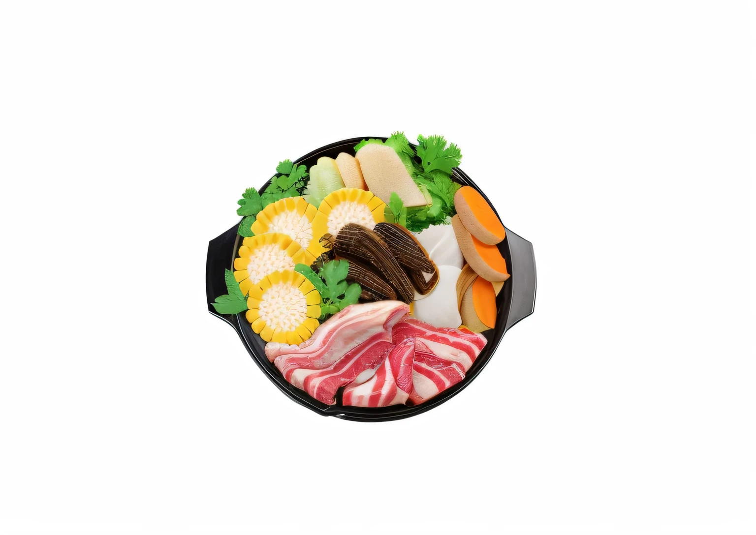lamb slices、corn、Sweet potato chips、morel、Bean skin、Hot pot with coriander,Make it look more realistic,More tempting。