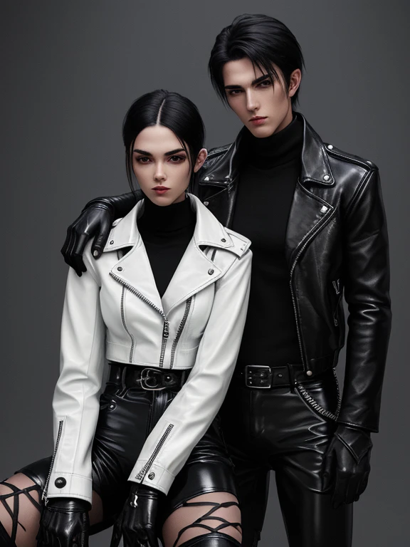 Final Fantasy-style graphics, young, Cute and cool Japanese boys and girls, Both have thin eyebrows and large eyes,  Both are wearing shiny white single-breasted leather jackets.。..。Biker style leather jacket、 with epaulettes,  The jacket is zipped up, The jacket pockets are black., The jacket has a high stand-up collar with a belt,They are both wearing black turtlenecks.., The man is wearing black leather pants、The girl is wearing black leather shorts and black pantyhose., Both of them are wearing thin black leather gloves.., The man was wearing long black leather lace-up boots.,、The girl is wearing black leather knee-high boots.、 Please show me your whole body, From head to toe., Final Fantasy Style、((Handsome))、((Beauty))、((Man and woman couple))、((Clear eyes and nose))、((Shiny white single leather jacket))、((Both jackets must be white.))((The jacket has epaulettes))、((The jacket has a high stand-up collar and a belt.))、((The jacket has a black pocket))、((Black turtleneck shirt))、((Man in shiny black leather pants))、((She&#39;s wearing shiny black leather shorts))、((Shiny black leather gloves on both handen&#39;s black lace-up leather long boots))、((The woman is wearing knee-high leather boots))、((Woman wearing black pantyhose))、((View the whole body image from a distance))、Realistic image quality and texture、In a small cell、close your eyes、Has a gentle smile、((The jacket is closed with a zipper))、((Neither of them have exposed skin below the neck.))、((The two stand side by side))、