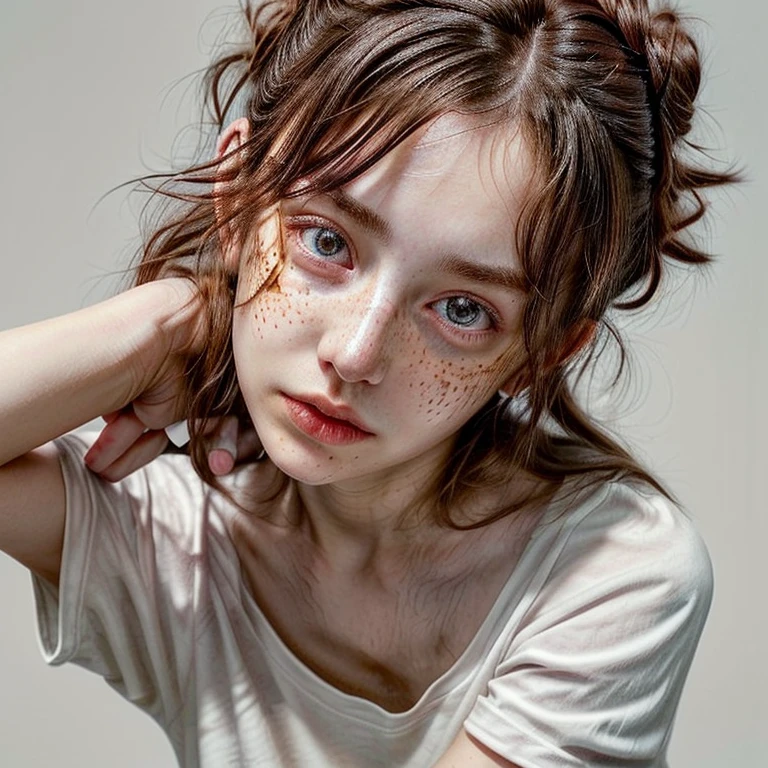 1girl, idol, close-up, collarbone,  ,, photo, film, depth of field, skin texture, t-shirt, rubber band, topknot, long hair, messy hair, freckles,