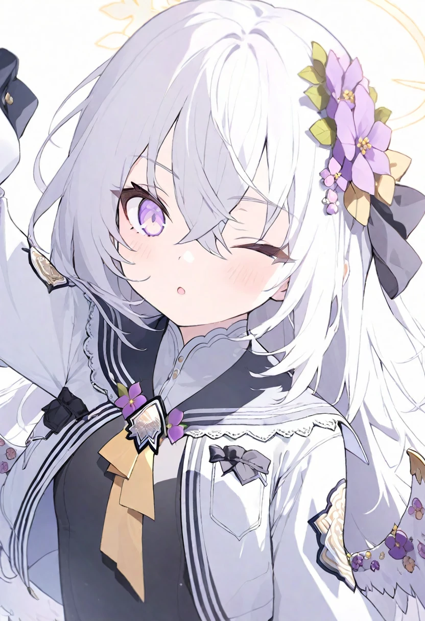 azusa \(blue archive\),AddXL, 1girl :o angel_wings black_dress black_ribbon black_sailor_collar blush crescent_halo crossed_bangs dress feathered_wings flower hair_between_eyes hair_flower hair_ornament hair_ribbon halo hands_up head_wreath jacket long_hair looking_at_viewer low_wings neck_ribbon one_eye_closed open_clothes open_jacket open_mouth parted_lips pocket purple_eyes ribbon sailor_collar simple_background sleeves_past_wrists solo_focus upper_body white_background white_hair white_jacket white_wings wings yellow_halo yellow_ribbon