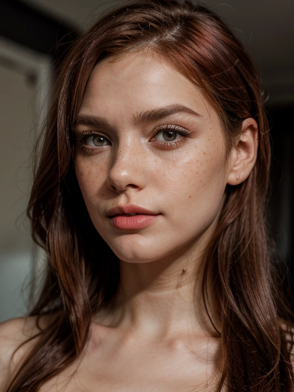 32k, HDR, RTX, photorealistic, 1 beautiful redhead woman with small freckles on her cheeks, cute, lips, red lipstick, long hair, looking at viewer, makeup, nose, realistic, (completely naked body), redhead woman with freckles, raw photo,studio_shot,uhd, dslr, soft lighting, high quality, film grain, 1 woman, ((intense, detailed skin)), ((vibrant red hair)), stunning portrait, Best quality, high quality, realistic, artwork teacher, majestic ,Retrato de femshep de cabeza roja, vista desde el cuello hacia arriba, una foto realista de una mujer d4k0t4, pelo largo, mirando al espectador, fondo de ojo azul, By the chestnut, Fondo blanco, boca cerrada, retrato, realista, Soft lighting, professional photography, Photorealista, detallado, dentro de un fondo oscuro de Studio Room, fondo borroso, crudo, analogous thing, sharp focus, 8k, High Definition, DSLR, alta calidad, Fujifilm XT3, film grain, premiado, Obra maestra