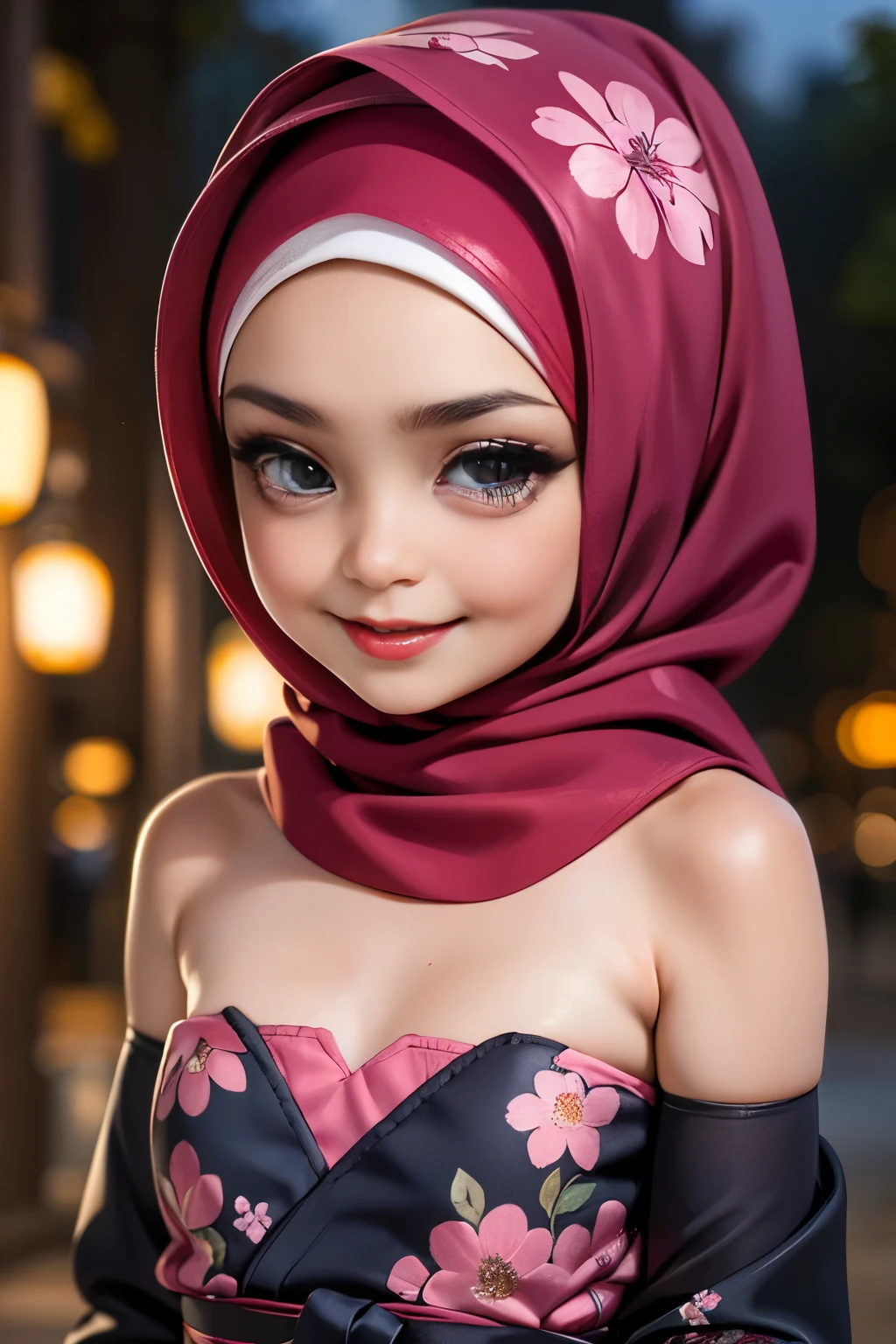 ((Flat chest:1.4)), (Happy smile), (((HIJAB MALAY GIRL))), masutepiece, High quality, UHD 32K, Realistic face, Realistic skin feeling , A Japanese Lady, 8 , , Very cute and baby-like face, (((FLAT CHEST))), (Night time at forest), ((look In front  at the camera and SADNESS)), ((())), (((CUTE GIRL))), ((RED LIPS)), ((Satin Floral Pattern)) little wearing pastel strapless bra, strapless colorful, dark night horror scary place (from behind up) seductive pose