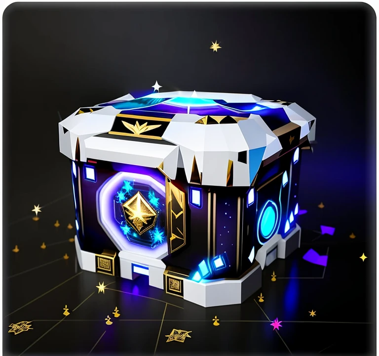 Close-up of a gold surface and a gold case,Black turns to gold Loot Boxes, Hard Surface 3 d, Hard Surface modelling, Hard Surface, Similar to Apex Legends, password box,  3D Rendering,  Sci-fi skin， Sci-fi treasure chests，Loot Boxes, 3D product render, Cyberpunk machines, More luminous feeling，Diamond embellishment，更多Diamond embellishment，More glow，Black turns to gold，More light points，More HD，Movie quality，More glow，更多Diamond embellishment，Decorated wings，Add wings to embellish，Small wings placed in the center of the graphic，Diamonds in wings，Diamonds shine，More glow，More texture，More light，更多Diamond embellishment，The wings become larger，Wings turn white，Add diamond in the middle，The wings are white，Add Diamond。The whole turns golden yellow，Increase Gold，The middle diamond becomes more layered，Diamond embellishment缩小，Embellishment increase
