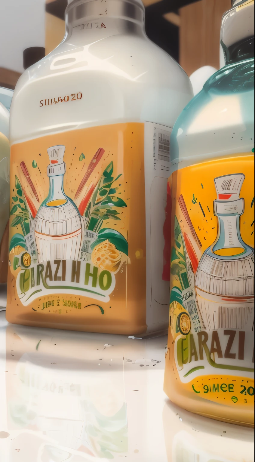 three bottles of olive oil on a counter, chozo, rotulagem muito detalhada, tirada na hora dourada, garrafas cobertas de cera, by Cesar Andrade Faini, carla ortiz, inspired by Ceferí Olive, cooking oil, by Júlio González, capturado em garrafas, inspired by Slava Raškaj, by Hugo Sánchez Bonilla