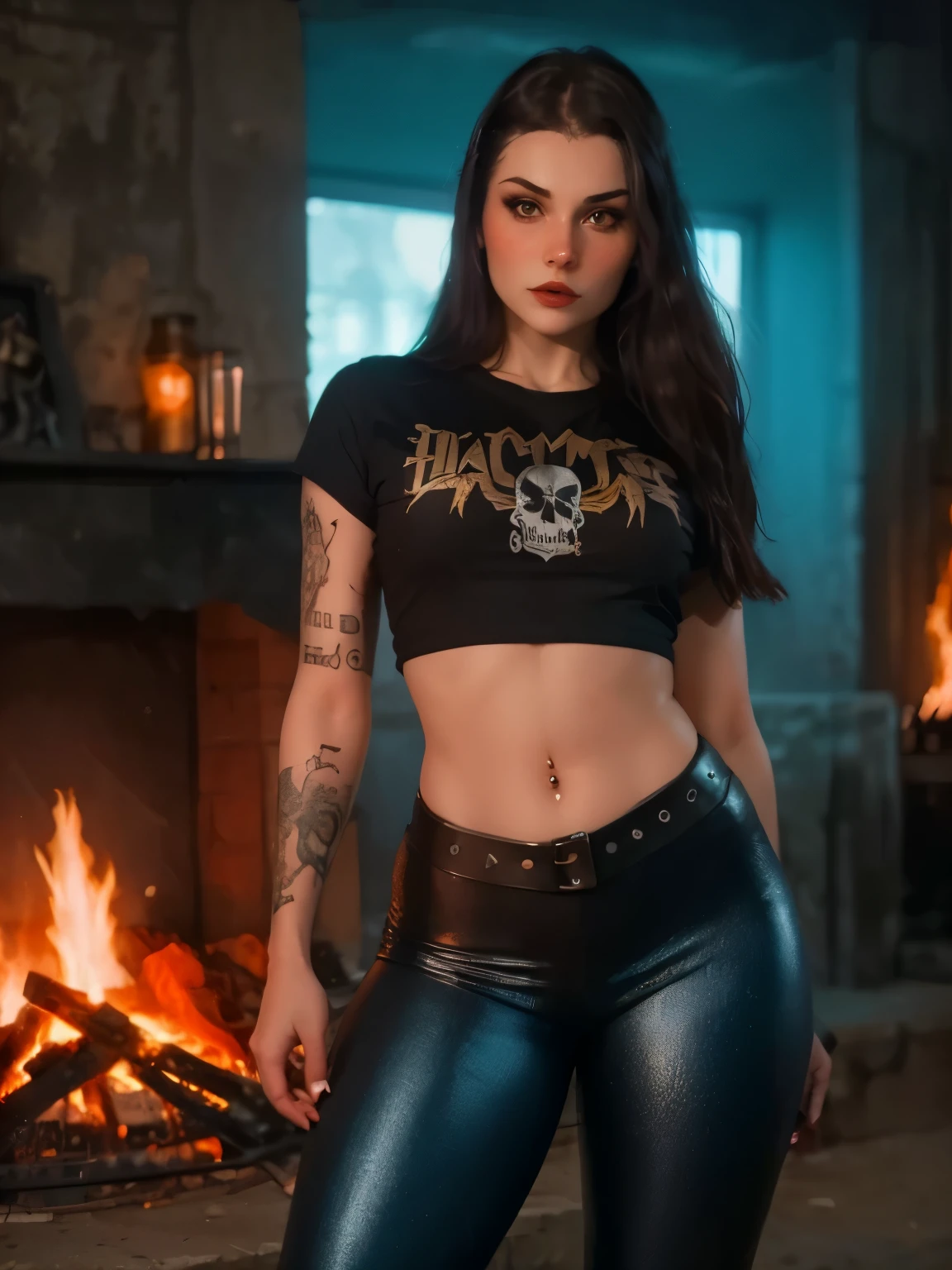 melhor qualidade,obra de arte,ultra-high resolution,(Realisticidade:1.4),Foto original,cinematic lighting, 1 garota, Sozinho, Garota gostosa do estilo Metalhead na frente de um fogo abstrato, tatuado, wearing black leggings with chain details , Camiseta preta, hot athletic body, ((Dedos de camelo)) , bunda grande, estilo heavy metal, camiseta caveira, fotografia, wojtek fus, estilo de arte heavy metal, deusa linda com raiva, mulher vampira guerreira, concerto de heavy metal. realista, datailed, rosto detalhado, 4K.