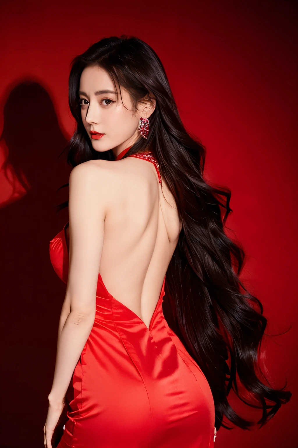 Ultra HD resolution，artistic photos，Photography，21year girl,earrings,long hair,Red background,Black backless dress,necklace,cowboy shot,H cup，Showing cleavage，Expose more breasts，Amazing breast size，Bigger breasts，Smooth and beautiful back，Completely bare back，Cold white skin，Buttocks are big