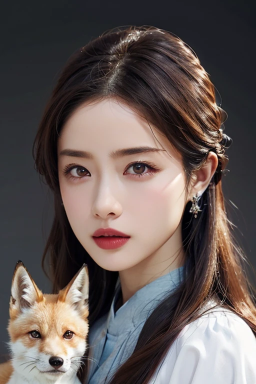 Beautiful woman with red eyes posing for elegant photo with white giant fox, arpino,Gray Hair,Face to face, Ultra-realistic, Clear images