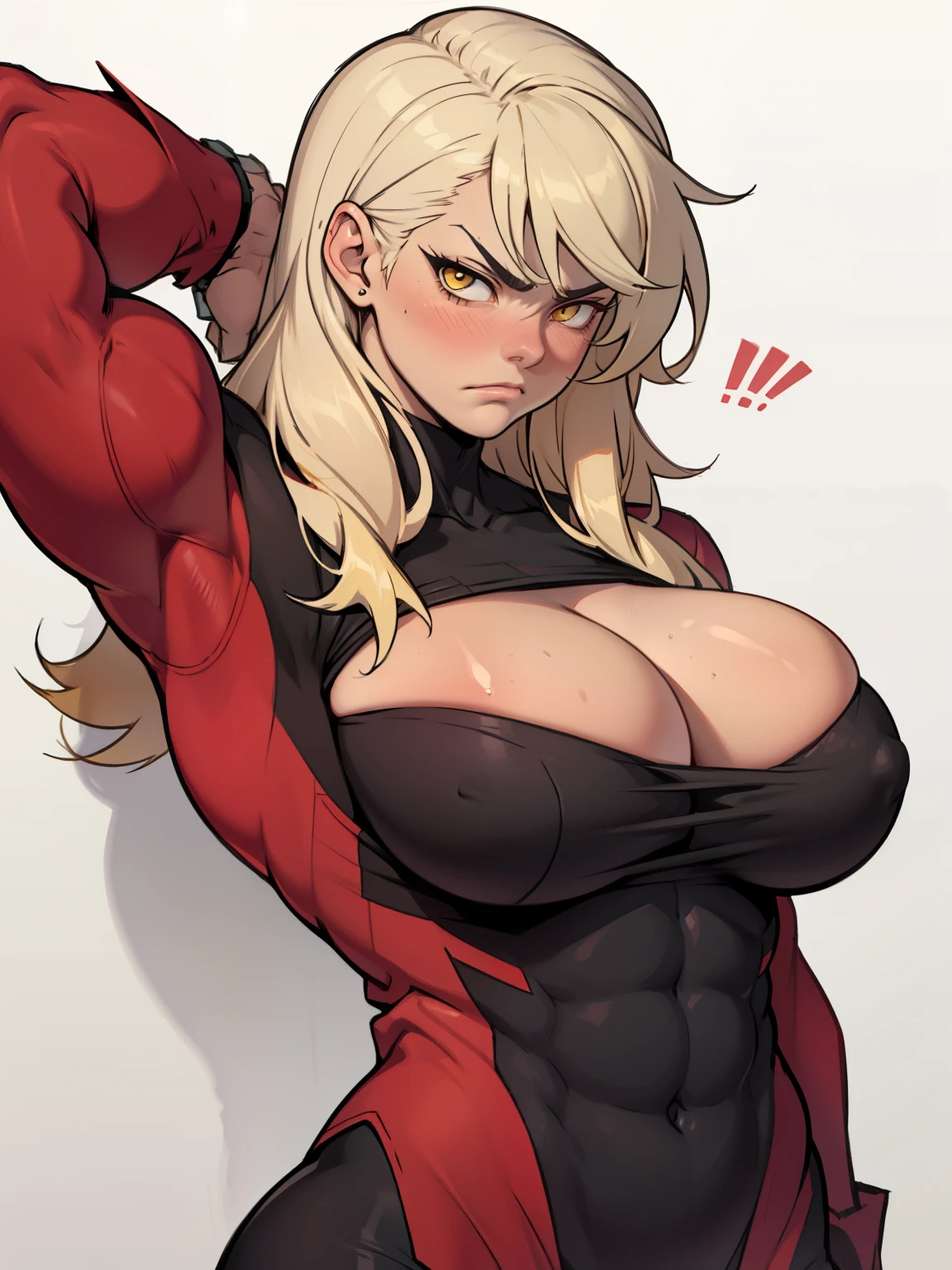 girl muscles huge breasts pale skin black long hair yellow eyes sad blushing solo frown