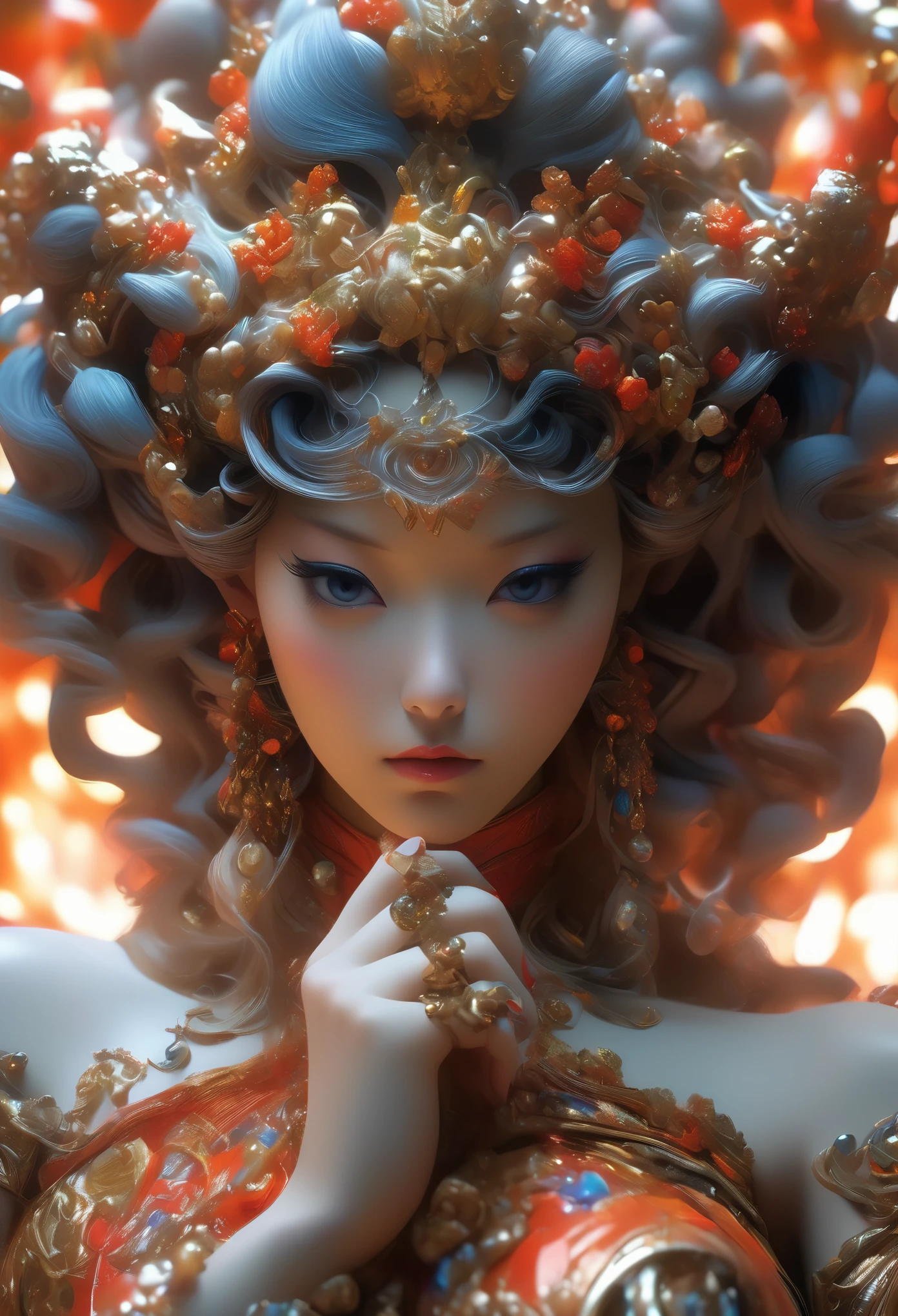 a close up of a woman in a costume with a crown on her head, intricate ornate anime cgi style, pop japonisme 3 d ultra detailed, stunning digital illustration, beautiful digital artwork, exquisite digital illustration, japonisme 3 d 8 k ultra detailed, by Russell Dongjun Lu, elaborate digital art, great digital art with details, intricate digital painting,hands detailed, fingers detail,hell lady