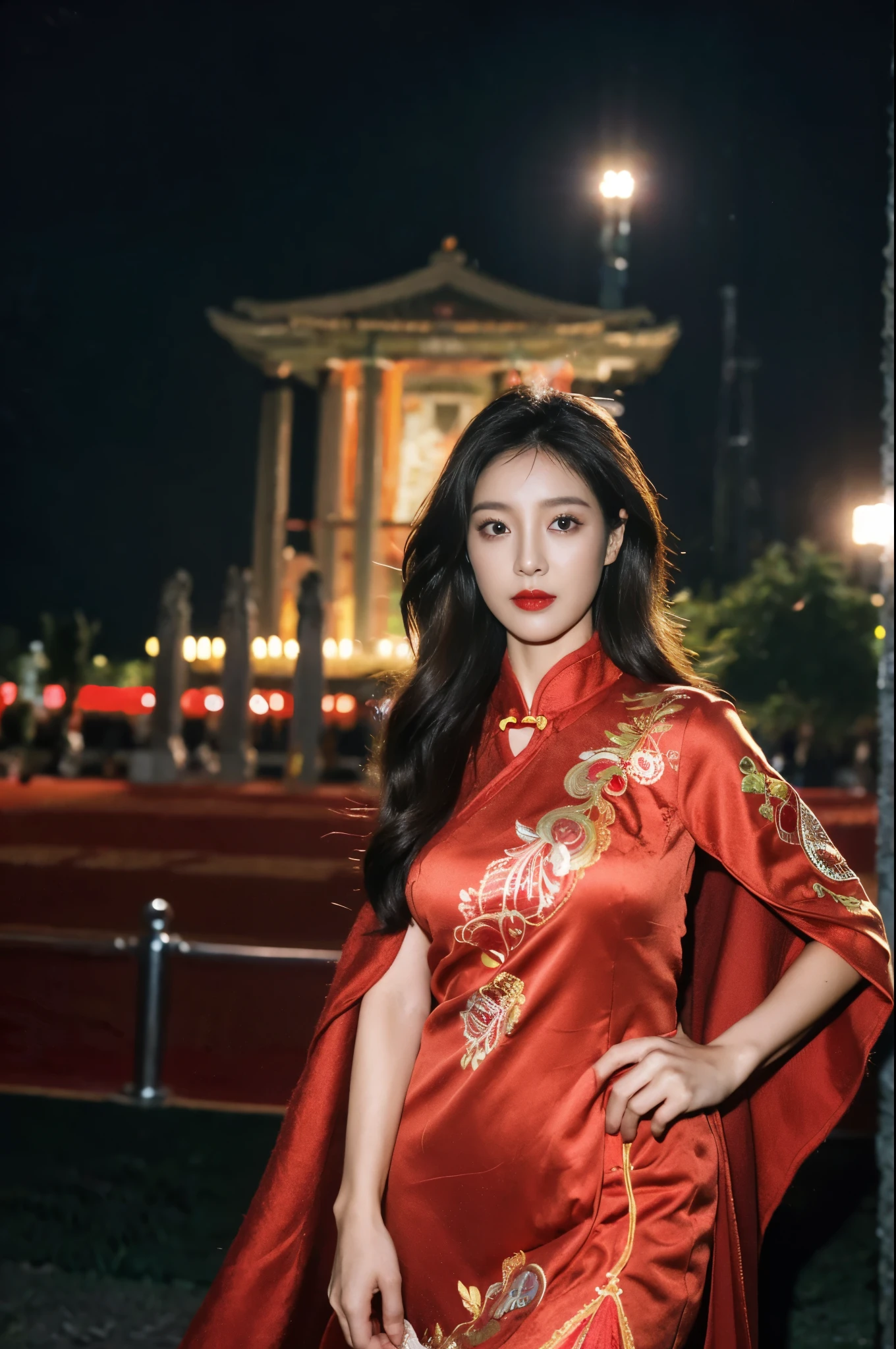 1 female,45 years old,Center, She has long black hair,Red lips,Perfect thighs,looking at camera,stand up,night,Ancient temple,From the front, curls, Gloomy sky,(((masterpiece),(Highly detailed CG Unity 8k wallpaper),best quality,Movie Lighting,Detailed background,Beautiful right eye pupil,(Very delicate and beautiful),(Beautiful and detailed description of the eyes),Extremely detailed,masterpiece,)),high resolution,Extremely detailed),queen of china(apparel:,Gold wire embroidery,Red cheongsam,Lace,Red cape),