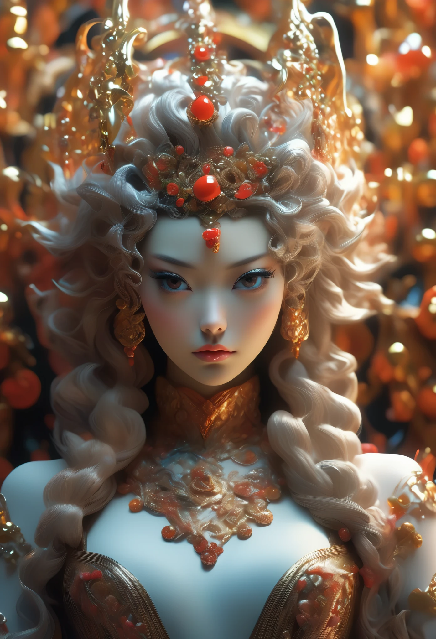 a close up of a woman in a costume with a crown on her head, intricate ornate anime cgi style, pop japonisme 3 d ultra detailed, stunning digital illustration, beautiful digital artwork, exquisite digital illustration, japonisme 3 d 8 k ultra detailed, by Russell Dongjun Lu, elaborate digital art, great digital art with details, intricate digital painting,hands detailed, fingers detail,hell lady