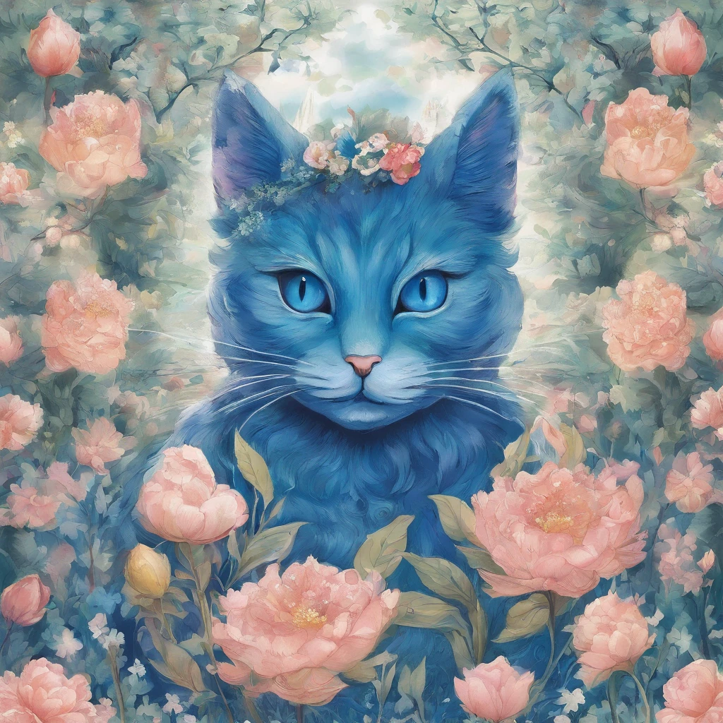 A garden full of blooming flowers、blue cat