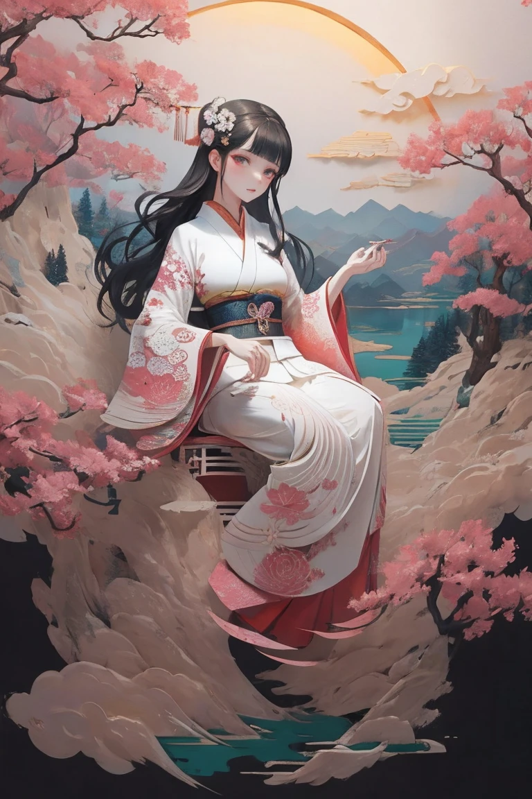 (masterpiece, best quality:1.4), insaneres, absurdres, solo, looking at viewer,BREAK 
LoConARTSTYLE_Paper_Kirigami_ownwaifu, art_nouveau, kirigami, fine art, 
1girl, solo, flower, tree, long hair, black hair, hair ornament, dress, cherry blossoms,  long sleeves, japanese clothes, chinese clothes, full body, wide sleeves, (moon), cloud, waterfall, east asian architecture, 
