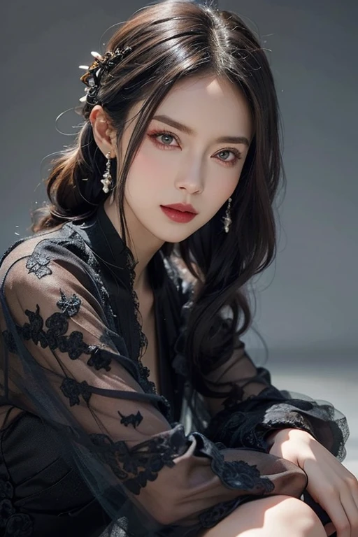 Beautiful woman with red eyes posing for elegant photo with black giant dragon, arpino,Gray Hair,Face to face, Ultra-realistic, Clear images,