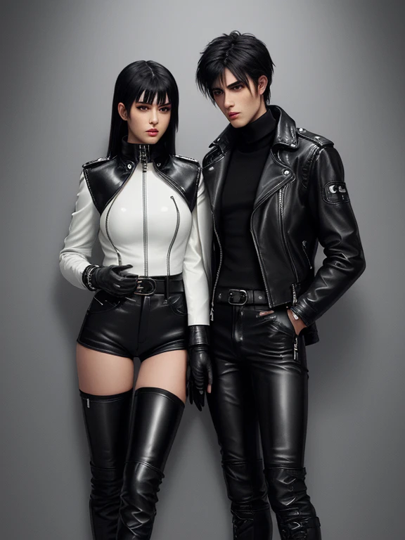 Final Fantasy-style graphics, young, Cute and cool Japanese boys and girls, Both have thin eyebrows and large eyes,  Both are wearing shiny white single-breasted leather jackets.。..。Biker style leather jacket、 with epaulettes,  The jacket is zipped up, The jacket pockets are black., The jacket has a high stand-up collar with a belt,They are both wearing black turtlenecks.., The man is wearing black leather pants、The girl is wearing black leather shorts and black pantyhose., Both of them are wearing thin black leather gloves.., The man was wearing long black leather lace-up boots.,、The girl is wearing black leather knee-high boots.、 Please show me your whole body, From head to toe., Final Fantasy Style、((Handsome))、((Beauty))、((Man and woman couple))、((Clear eyes and nose))、((Shiny white single leather jacket))、((Both jackets must be white.))((The jacket has epaulettes))、((The jacket has a high stand-up collar and a belt.))、((The jacket has a black pocket))、((Black turtleneck shirt))、((Man in shiny black leather pants))、((She&#39;s wearing shiny black leather shorts))、((Shiny black leather gloves on both handen&#39;s black lace-up leather long boots))、((The woman is wearing knee-high leather boots))、((Woman wearing black pantyhose))、((View the whole body image from a distance))、Realistic image quality and texture、In a small cell、close your eyes、Has a gentle smile、((The jacket is closed with a zipper))、((Neither of them have exposed skin below the neck.))、((The two stand side by side))、