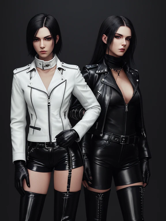 Final Fantasy-style graphics, young, Cute and cool Japanese boys and girls, Both have thin eyebrows and large eyes, Both are wearing shiny white single-breasted leather jackets.。..。Biker style leather jacket、 with epaulettes, The jacket is zipped up, The jacket pockets are black., The jacket has a high stand-up collar with a belt,They are both wearing black turtlenecks.., The man is wearing black leather pants、The girl is wearing black leather shorts and black pantyhose., Both of them are wearing thin black leather gloves.., The man was wearing long black leather lace-up boots.,、The girl is wearing black leather knee-high boots.、 Please show me your whole body, From head to toe., Final Fantasy Style、((Handsome))、((Beauty))、((Man and woman couple))、((Clear eyes and nose))、((Shiny white single leather jacket))、((Both jackets must be white.))((The jacket has epaulettes))、((The jacket has a high stand-up collar and a belt.))、((The jacket has a black pocket))、((Black turtleneck shirt))、((Man in shiny black leather pants))、((She's wearing shiny black leather shorts))、((Shiny black leather gloves on both handen's black lace-up leather long boots))、((The woman is wearing knee-high leather boots))、((Woman wearing black pantyhose))、((View the whole body image from a distance))、Realistic image quality and texture、In a small cell、close your eyes、Has a gentle smile、((The jacket is closed with a zipper))、((Neither of them have exposed skin below the neck.))、((The two stand side by side))、