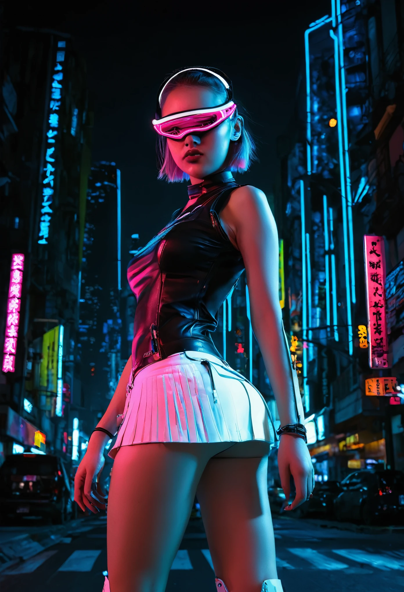 highest qualityr))、((obra maestra)、mirai, cyberpunked、large buttockss、arrodillarse、Electronic visor attached to the face of a with emphasis on the buttockiniskirt mostrando panties White:1.4) ,mirai Red latex body,Moda cyberpunk、Pose sexy、(Usar polainas amarillas en la parte inferior del cuerpo、Agrandamiento de los senos、Neon lights in the dark city at night,motor irreal:1.4,UHD,La mejor calidad:1.4, fotorrealista:1.4, textura de la piel:1.4, obra maestra:1.8,obra-prima, mejor calidad,(Beautiful and detailed eye description),( neon pink ciborg),(Perfect anatomy),(convexo ,Dedos detallados),ciborg mirai bodysuit white,(mirai:1.4), (miniskirt white:1.4)