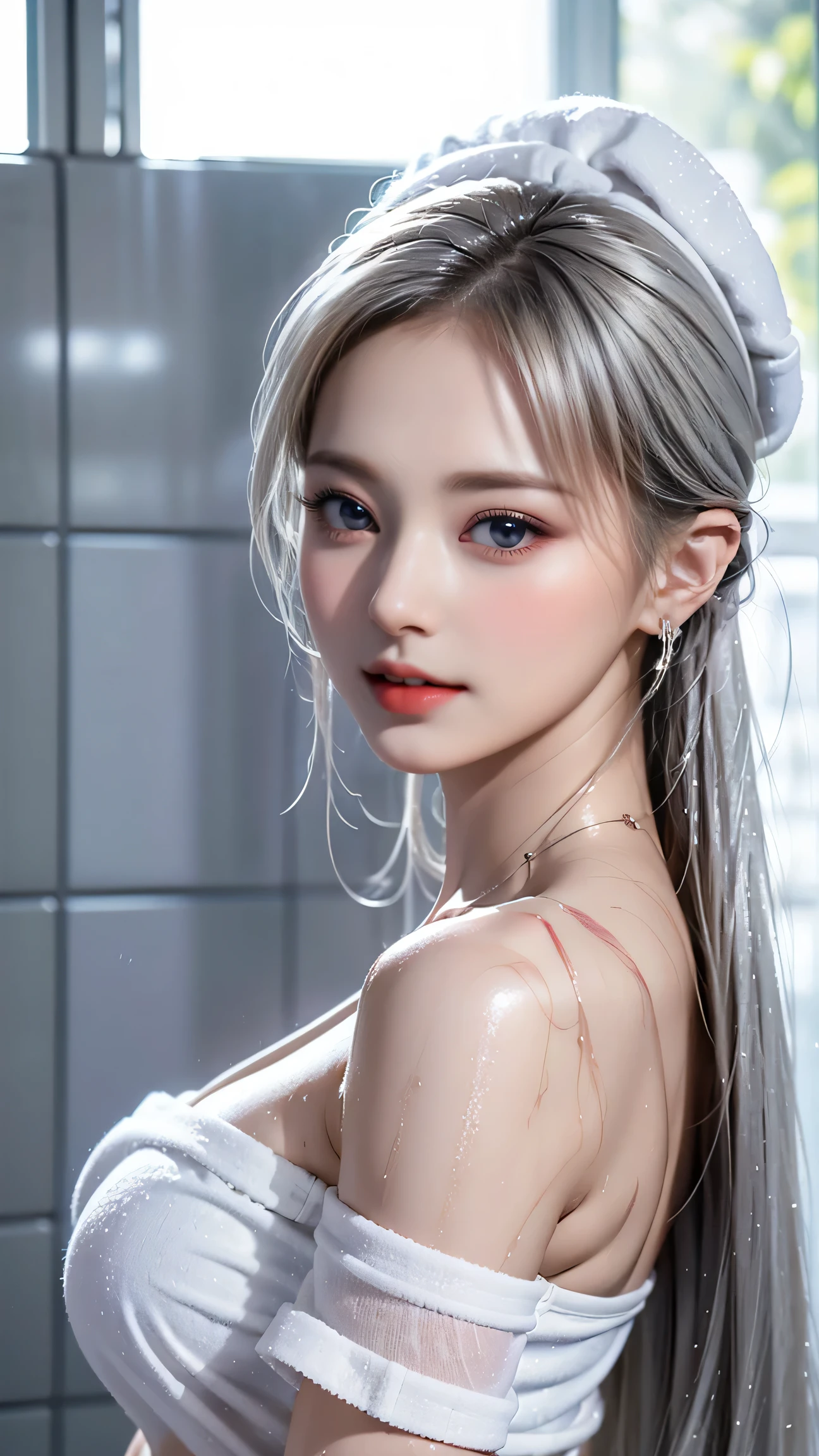 ((Girl taking a shower in the bathroom)),((Rear View))、Top quality work,Actual work,Ultra Premium Graphics,8K HD CG works,High quality graphics,High-definition CG works,Extremely fine detail:1.1,Advanced Technical Details:1.1 Photorealistic,Natural light:1.5. Light effects(virtual Light effects:1.8),超A high resolution,長いSilver Hair,Silver Hair,Transparent Hair,Hair with attention to detail(Premium Hair Detail:1.1)Clear Eyes,Beautiful double eyelids,Sharp eye makeup, Delicate eyelash makeup, Thin eyebrows, Highly detailed eyes,High nose, Nice red lips, Rose Cheeks, A face with subtle makeup , Cute face, perfectly balanced face,(Advanced Face Detail:1.1),Shiny,summer sexy,((Wet off-the-shoulder semi-transparent white tank top))、((I can see her wet white panties)),photo shoot,((Wrapping a bath towel around your head))woman'Artwork by,Full body portrait,realism,wonderful,My eyes are shining today、((She's wet))、(Nipples),((Pink nipples are visible through the)),