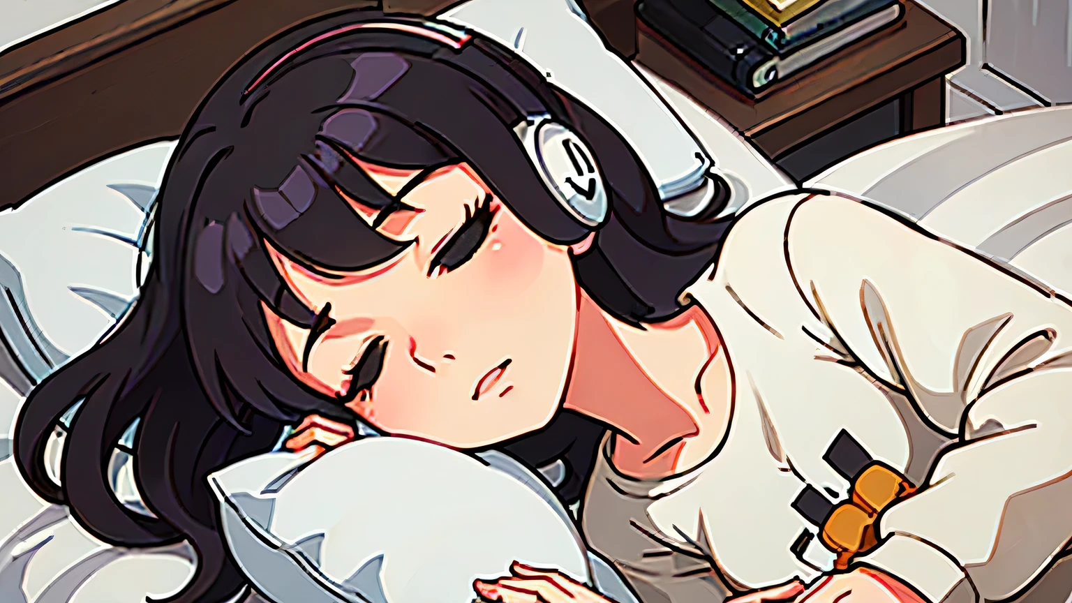 A stylish girl wearing headphones sleeping peacefully in bed. The illustrations have a Ghibli style touch.