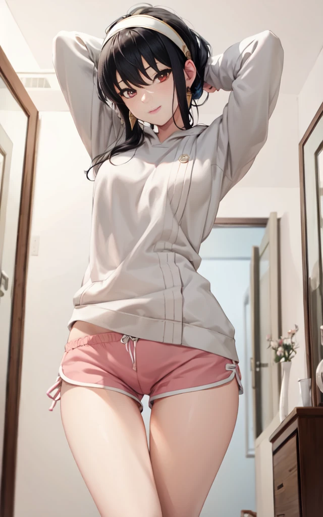 yor forger yor briar,spyxfamily, madsterpiece), oversized hoodie, baggy hoodie, thick heavy hoodie, dolfine shorts, booty shorts, short shorts, white headband, gold earrings, natural makeup, staring at viewer, sStanding in bedroom, neck, slight smile, thigh gap, hand on back of head, mature woman, milf, black hair, 1girl,solo, thick thighs, large hips, long sleeve, facing viewer, hands on thighs leaning forward, medium breasts, camel toe, looking down pov, top down pov, (pink shorts), baggy back hoodie, extremely oversized hoodie,