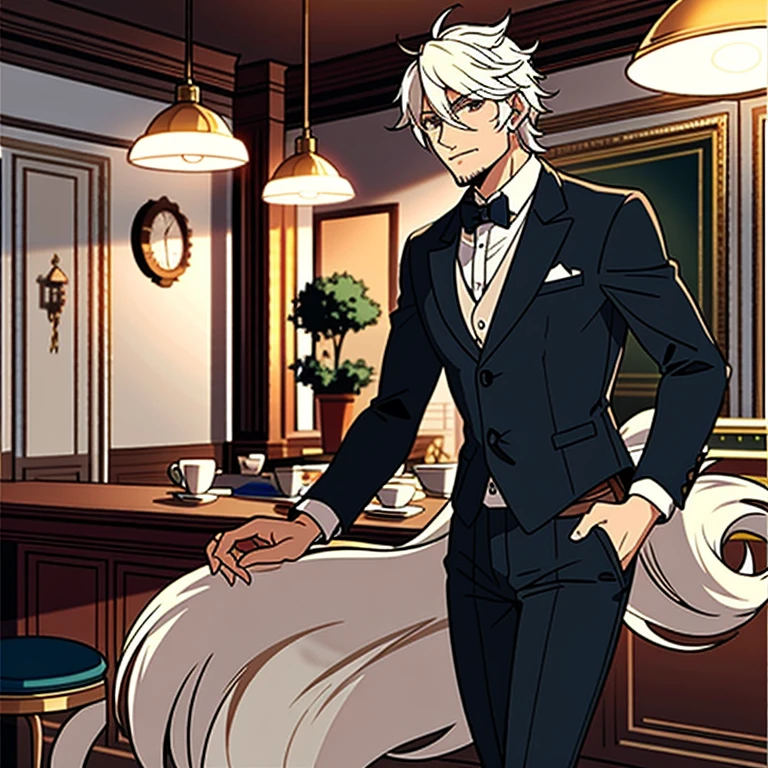 Stylish cafe,Wolf Man,Before transforming into a wolf,Handsome,Dandy