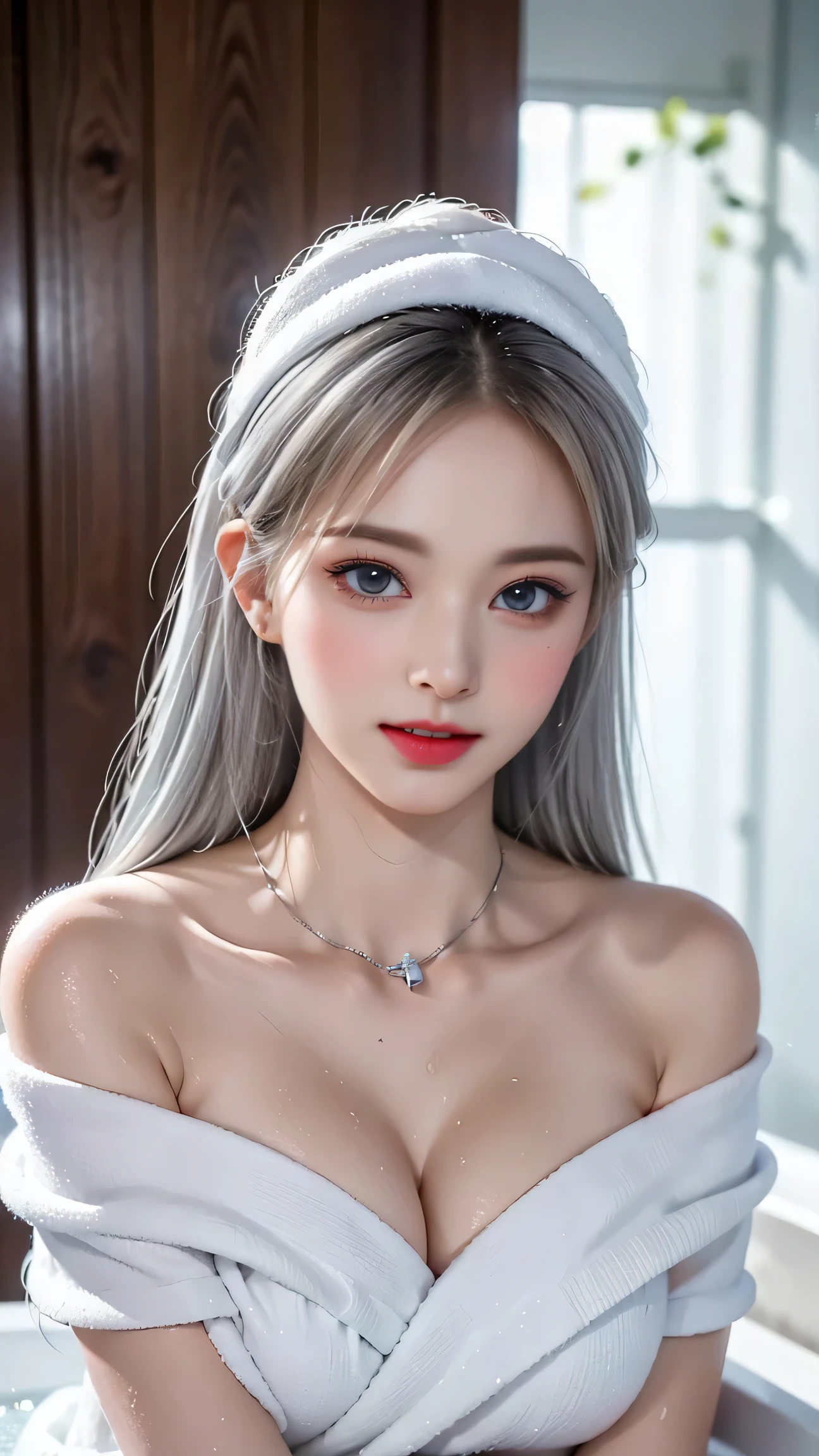 ((Girl taking a shower in the bathroom)),((Rear view)),(look back)、Top quality work，Actual work，Ultra Premium Graphics，8K HD CG works，High quality graphics，High-definition CG works，Extremely fine detail：1.1，Advanced Technical Details：1.1 Photorealistic，Natural light：1.5. Light effects（virtual Light effects：1.8），超A high resolution，長いSilver Hair，Silver Hair，Transparent Hair，Hair with attention to detail（Premium Hair Detail：1.1）Clear Eyes，Beautiful double eyelids，Sharp eye makeup, Delicate eyelash makeup, Thin eyebrows, Highly detailed eyes，High nose, Nice red lips, Rose Cheeks, A face with subtle makeup , Cute face, perfectly balanced face,（Advanced Face Detail：1.1），Shiny，summer sexy，((Wrapped in a wet off-the-shoulder bath towel))、((I can see her wet white panties)),photo shoot，((Wrapping a bath towel around your head))woman&#39;Artwork by，Full body portrait，realism，wonderful，My eyes are shining today、((She&#39;s wet))、（Nipples),（(Pink nipples are visible through the)),