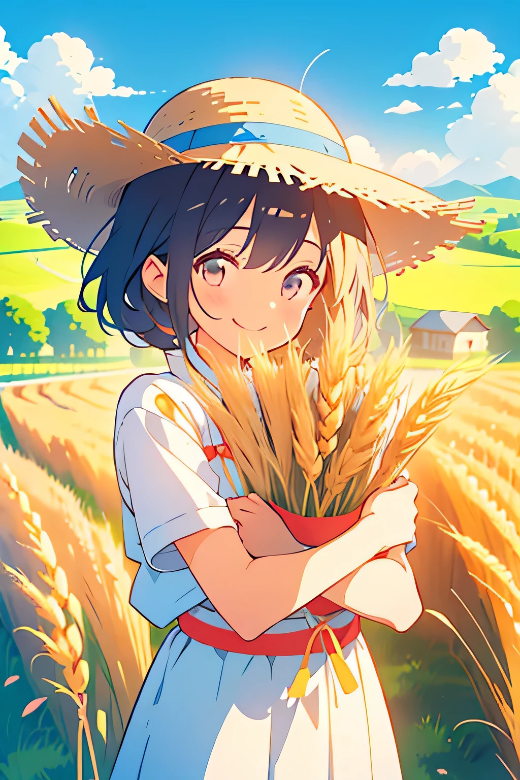 A middle-aged Chinese farmer,wearing straw hat,Hands holding a sheaf of wheat,A happy smile on the face,The background is wheat fields and blue sky。 Cartoon flat illustration style,Clean lines,Vector Graphics,Bright colors,Cartoon cute character design,Close-up,Minimalism