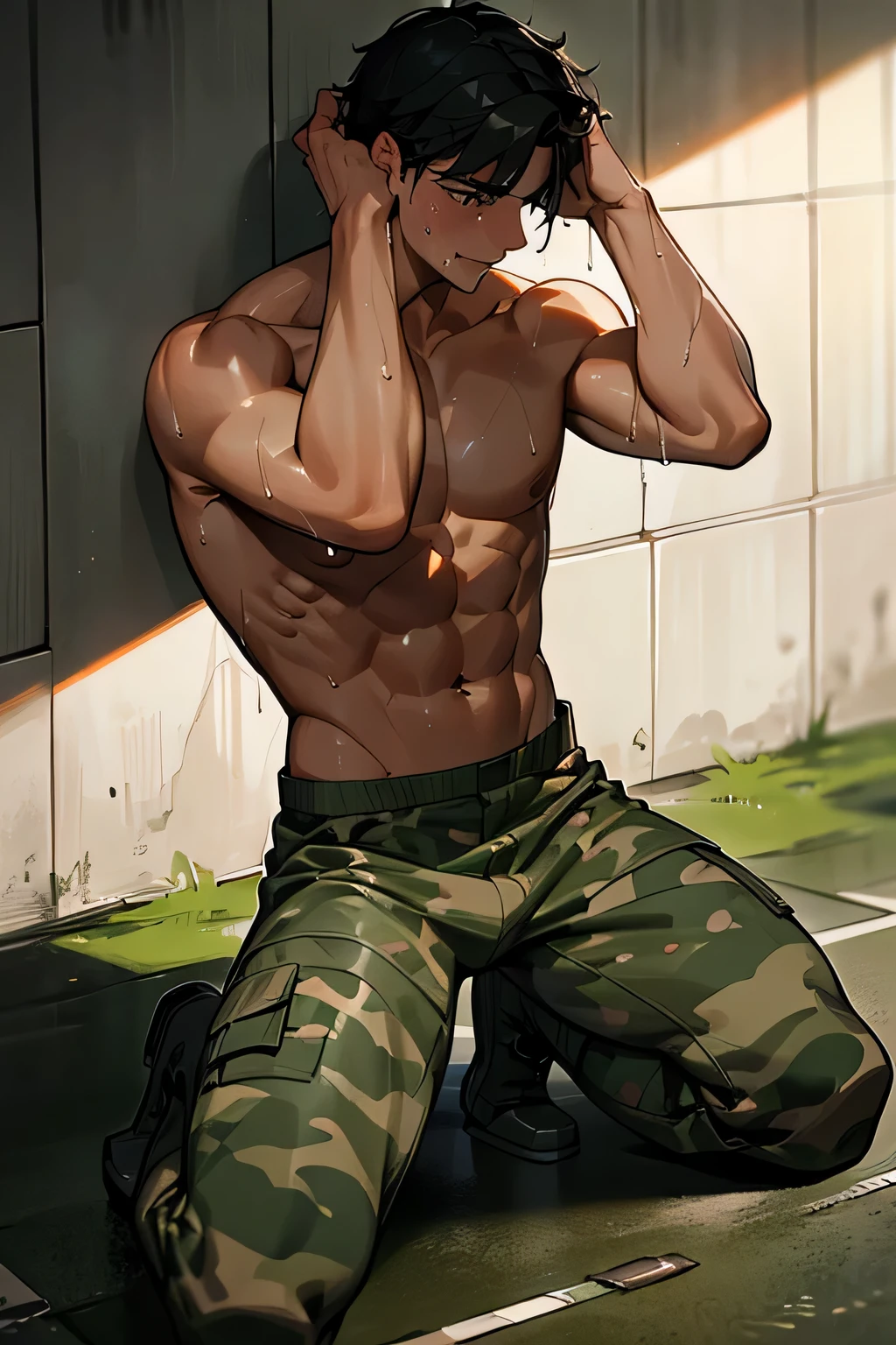 shirtless handsome manly short black hair caucasian male soldier, camouflage pants, camouflage boots, sweat-drenched, soaking wet, drenched with sweat, sweating profusely, soaking wet with sweat, panting, exhausted, gasping, panting, kneeling on the floor, hands on the head showing underarms, captive soldier, in the military prison