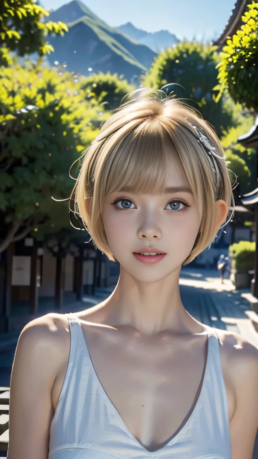 ♥face,(White summer mini dress),((1girl,cute,young,pixie cut beautiful blonde hair,blunt bangs,beautiful eyes)),(solo),((masterpiece, highest resolution,best quality)), ((realistic:1.5,Beautiful girl RAW photo)), (looking at the viewer), innocent smile,sexy look,mouth open,cute teeth,cinematic lighting,walking around Kyoto,crowded,beautiful shops,temples and mountains,flowers,trees,blue sky