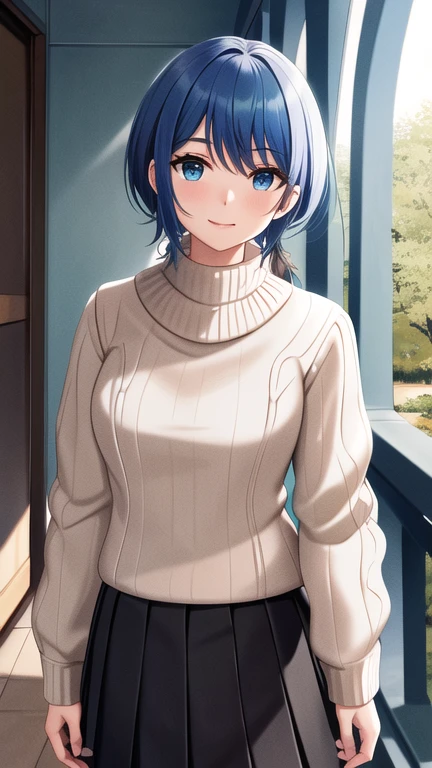 Obra maestra, mejor calidad, Hi-Nada, 1 chica, Solo, joyas, Falda, sweater, collar, Black Falda, pelo negro, cabello corto, Ribbed sweater, medias, sweater tipo con cuello de tortuga sweater, sweater tipo con cuello de tortuga, White medias, Blue Eyes, manga larga, Pleated Falda, Bragas dobladas desde el frente,cinta, senos, arco, Hair cinta, banda para el cabello, Hair arco, golpes,, hacer, , , tiro de vaquero, sonrisa,