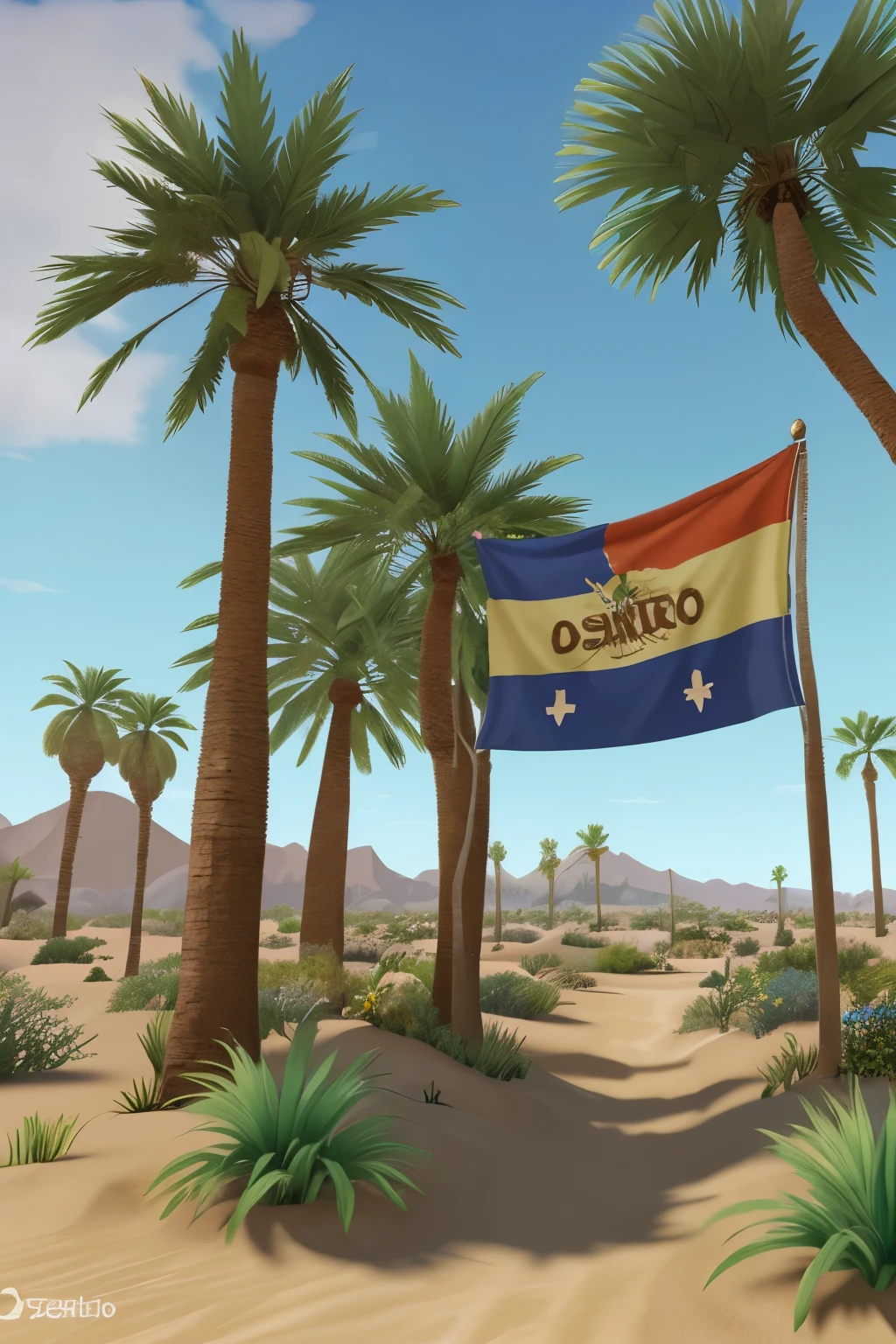 La bandera de Oasis Springs tiene tres franjas: dorado arriba, verde en el medio y azul abajo. En el centro, un escudo muestra un sol sobre un oasis con una palmera, simbolizando la vida en el desierto.