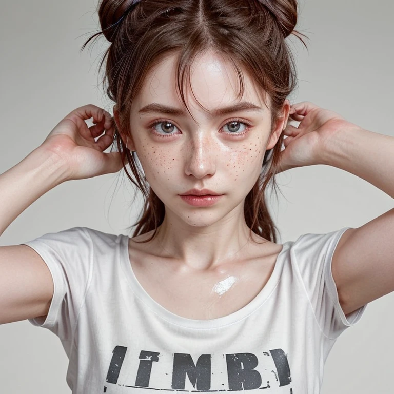 1girl, idol, close-up, collarbone,  ,, photo, film, depth of field, skin texture, t-shirt, rubber band, topknot, long hair, messy hair, freckles,