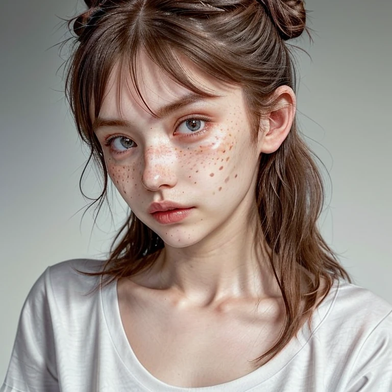 1girl, idol, close-up, collarbone,  ,, photo, film, depth of field, skin texture, t-shirt, rubber band, topknot, long hair, messy hair, freckles,