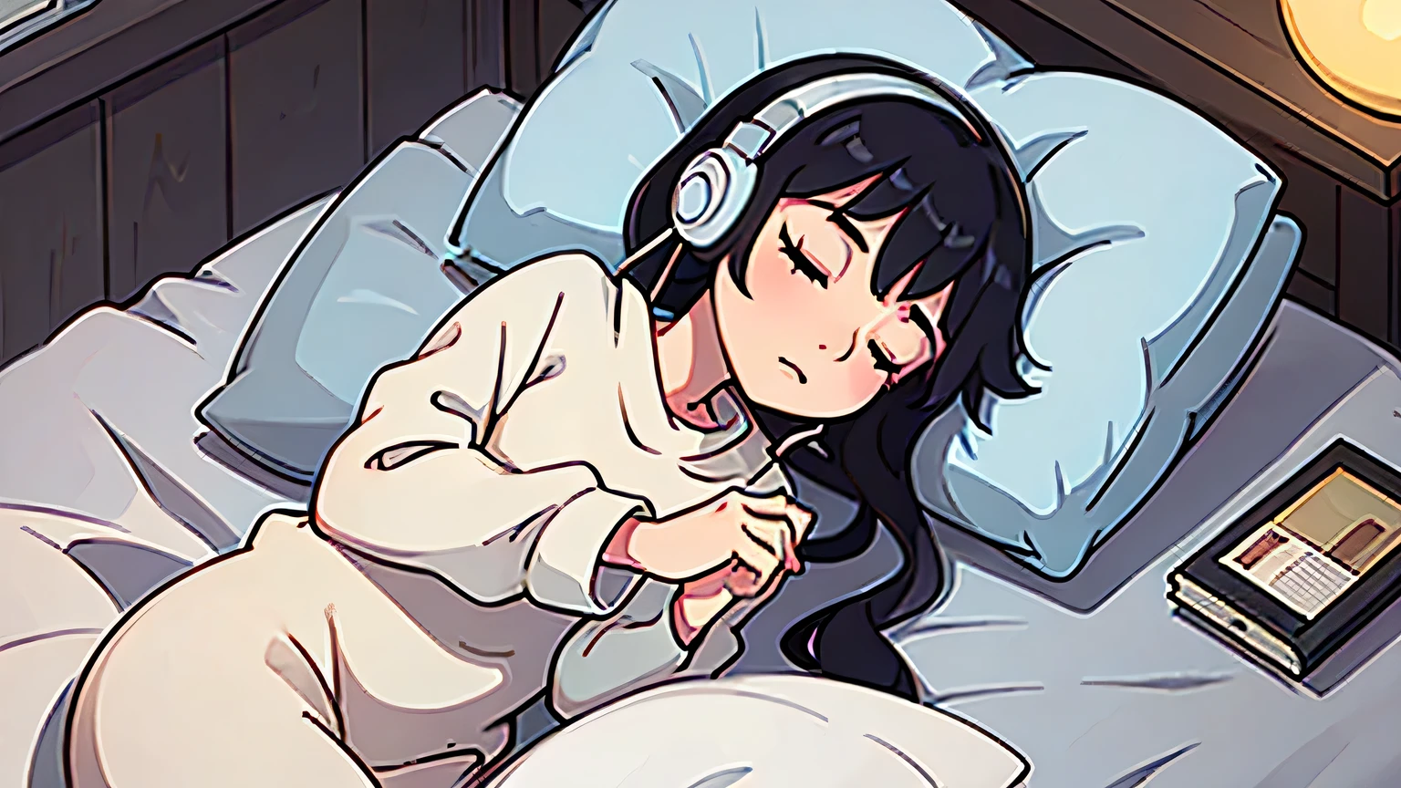 A stylish girl wearing headphones sleeping peacefully in bed. The illustrations have a Ghibli style touch.