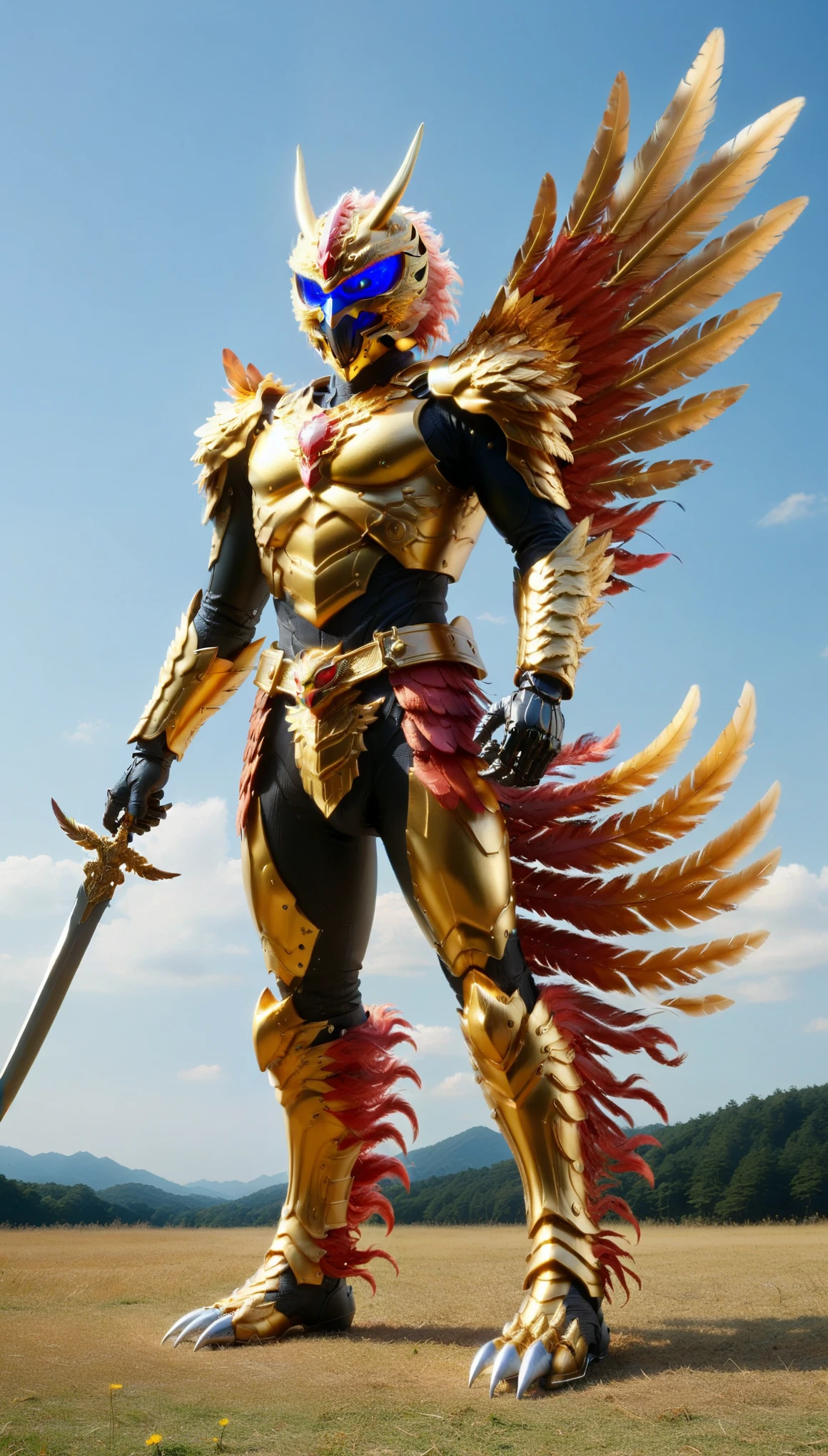 Japanese tokusatsu, the new masked rider,
Masked Rider Griffon
Motif: Griffon, a legendary creature combining a lion and an eagle
Belt shape: Designed to resemble the claws of a beast
Main color: Rich gold
Weapon: Spear with a blade that resembles a feather
Standing in a meadow, full body reflected,