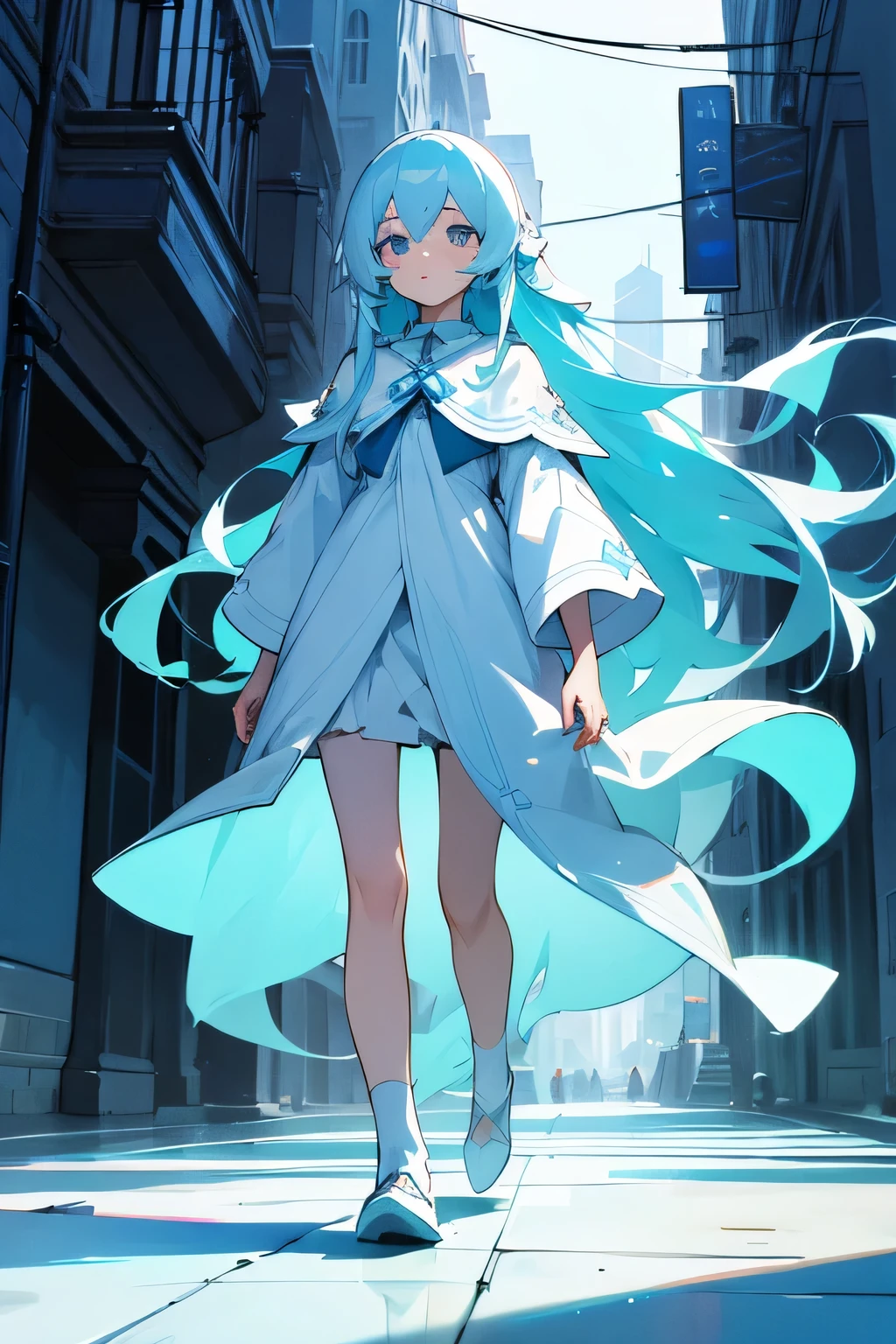 night，A girl，Light blue long hair，All in white，Walking in town，There was no one under the four