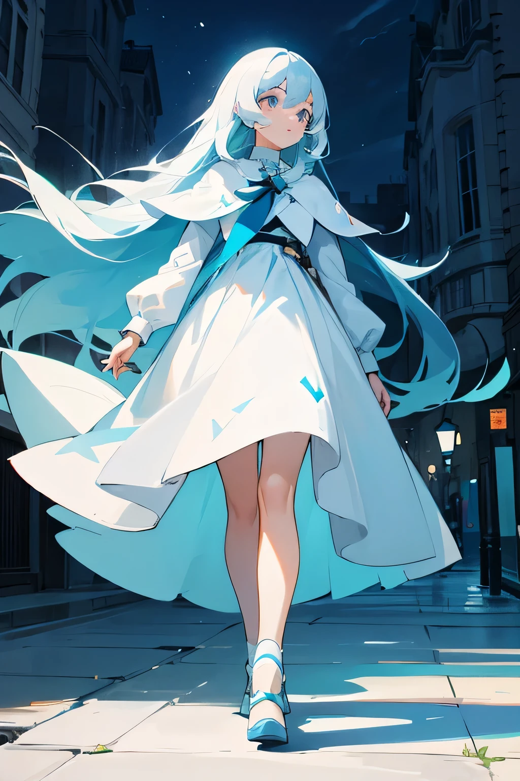 night，A girl，Light blue long hair，All in white，Walking in town，There was no one under the four