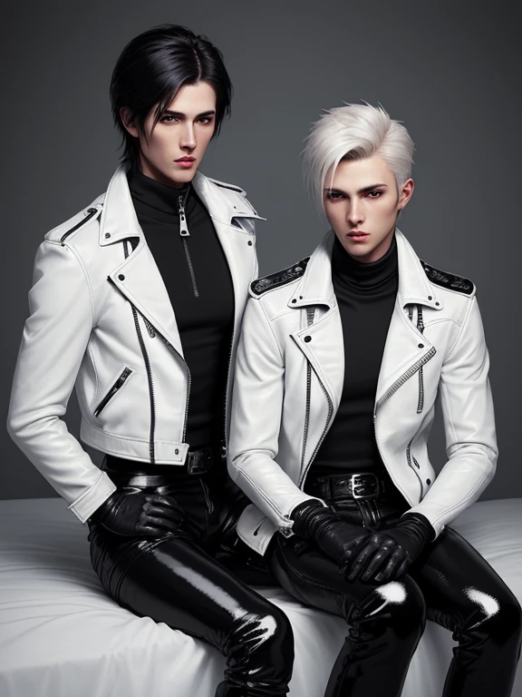 Final Fantasy-style graphics, young, Two cute and cool Japanese boys, Thin eyebrows and big eyes, They are both wearing shiny white single-breasted leather jackets..。Biker style leather jacket、 with epaulettes, The jacket is zipped up, The jacket pockets are black., The jacket has a high stand-up collar with a belt,They both also wore black turtlenecks., They both wore black leather pants., Both of them were wearing thin black leather gloves., They both wore black leather knee-high lace-up boots., Please show us your whole bodies, both of you, from head to toe., Final Fantasy Style、((Two handsome guys))、((Clear eyes and nose))、((Shiny white single leather jacket))、((The jacket must be white))((The jacket has epaulettes))、((The jacket has a high stand-up collar and is belted.))、((The jacket has a black pocket))、((Black turtleneck shirt))、((Shiny black leather pants))、((Shiny black leather gloves on both hands))、((Black lace-up leather long boots))、((Both of them are dressed exactly the same))、((View a head-to-toe image in the distance))、Realistic image quality and texture、In a small cell、close your eyes、Has a gentle smile、((The jacket is closed with a zipper))、((No exposed skin below the neck))、((Sitting on the bed))、((The two of them huddled together))