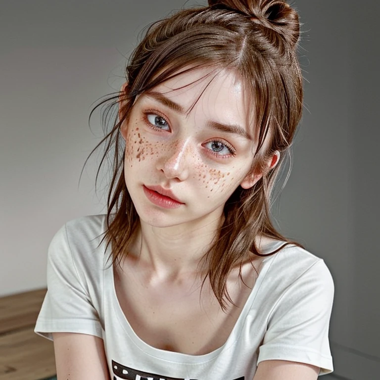 1girl, idol, close-up, collarbone,  ,, photo, film, depth of field, skin texture, t-shirt, rubber band, topknot, long hair, messy hair, freckles,