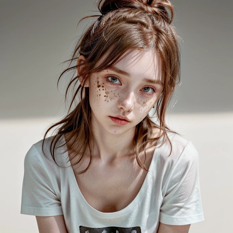 1girl, idol, close-up, collarbone,  ,, photo, film, depth of field, skin texture, t-shirt, rubber band, topknot, long hair, messy hair, freckles,