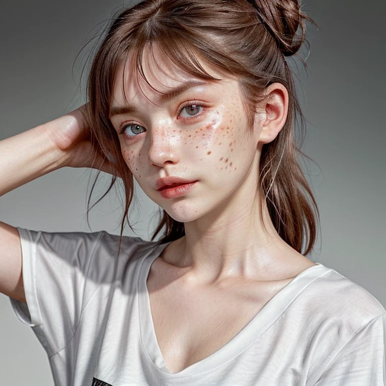 1girl, idol, close-up, collarbone,  ,, photo, film, depth of field, skin texture, t-shirt, rubber band, topknot, long hair, messy hair, freckles,