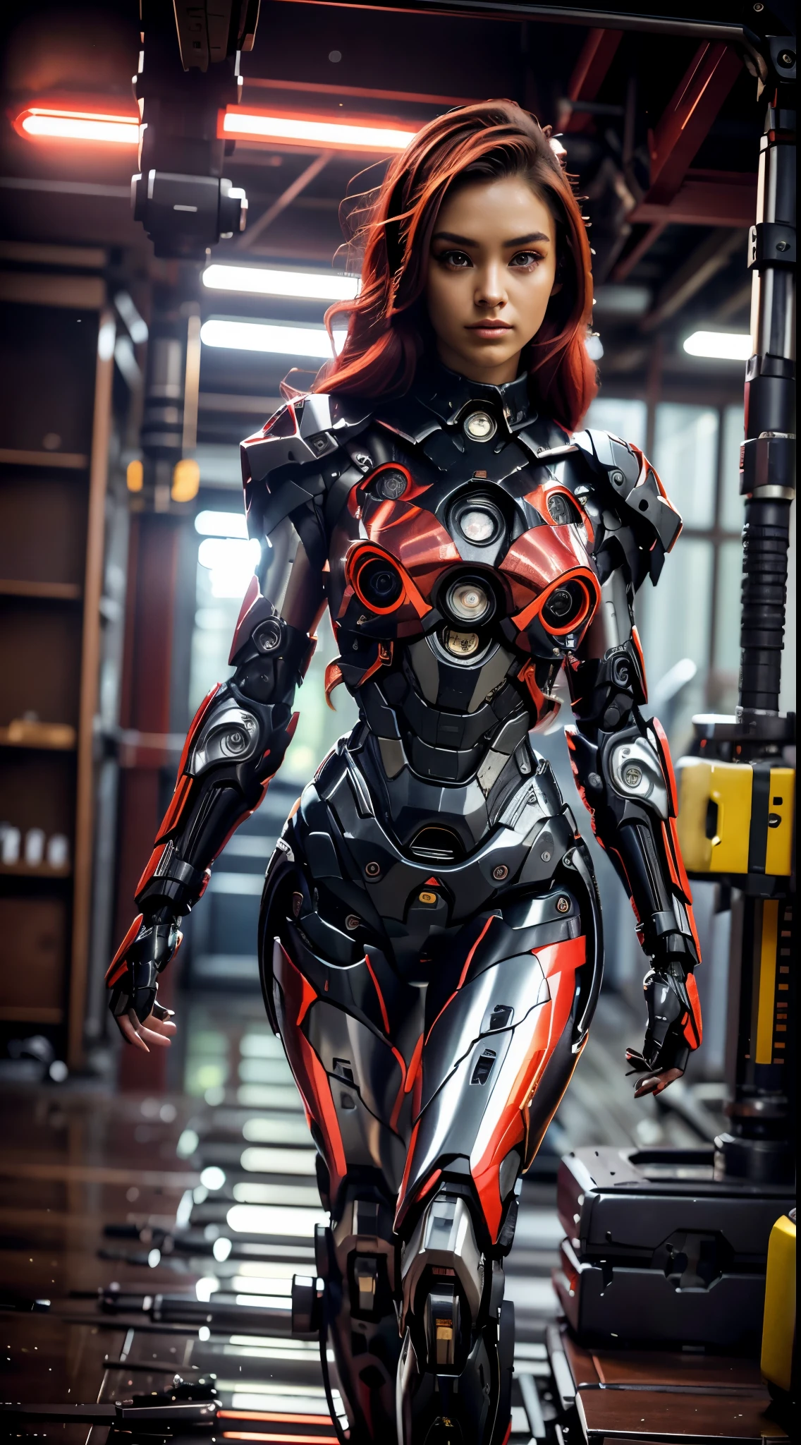 Ciberpunk, ciborgue feminino, Habilidade especial, uniforme, Aprimoramento Mecanizado, beleza, cabelo preto, Japan, joelho para cima, Rosto bonito, Corpo fino, rabo de cavalo, mechanical eyes, ((Olhos red: 1.2)), olhos brilhantes, Prosthetic Arms, prosthetic legs